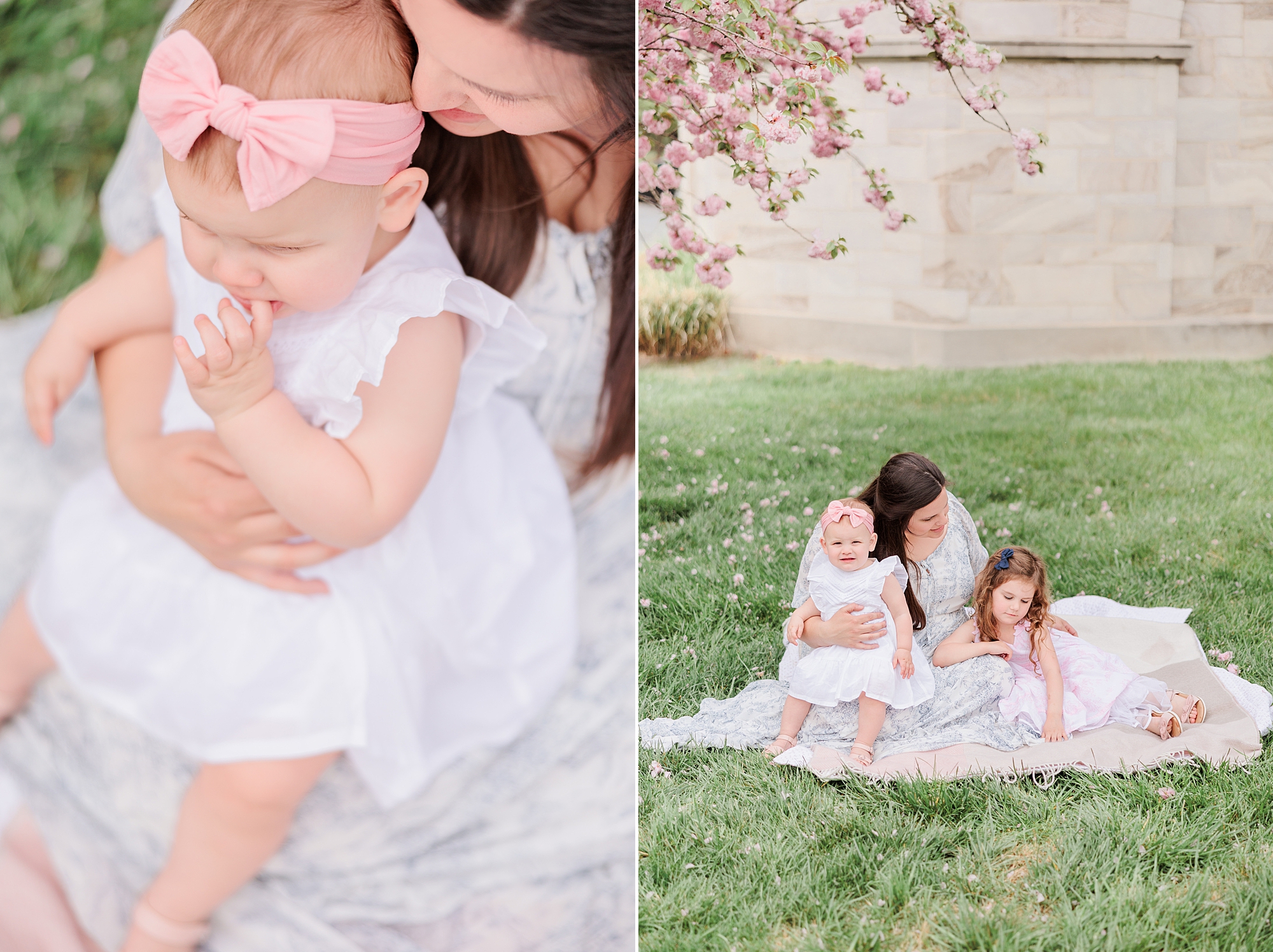 mom snuggles with daughters in blue and white dresses during mommy and me photos in Maryland
