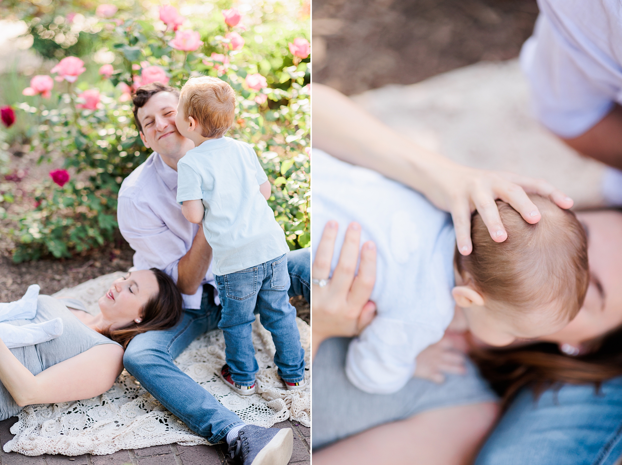 son kisses dad's cheek during family photos in Maryland garden 