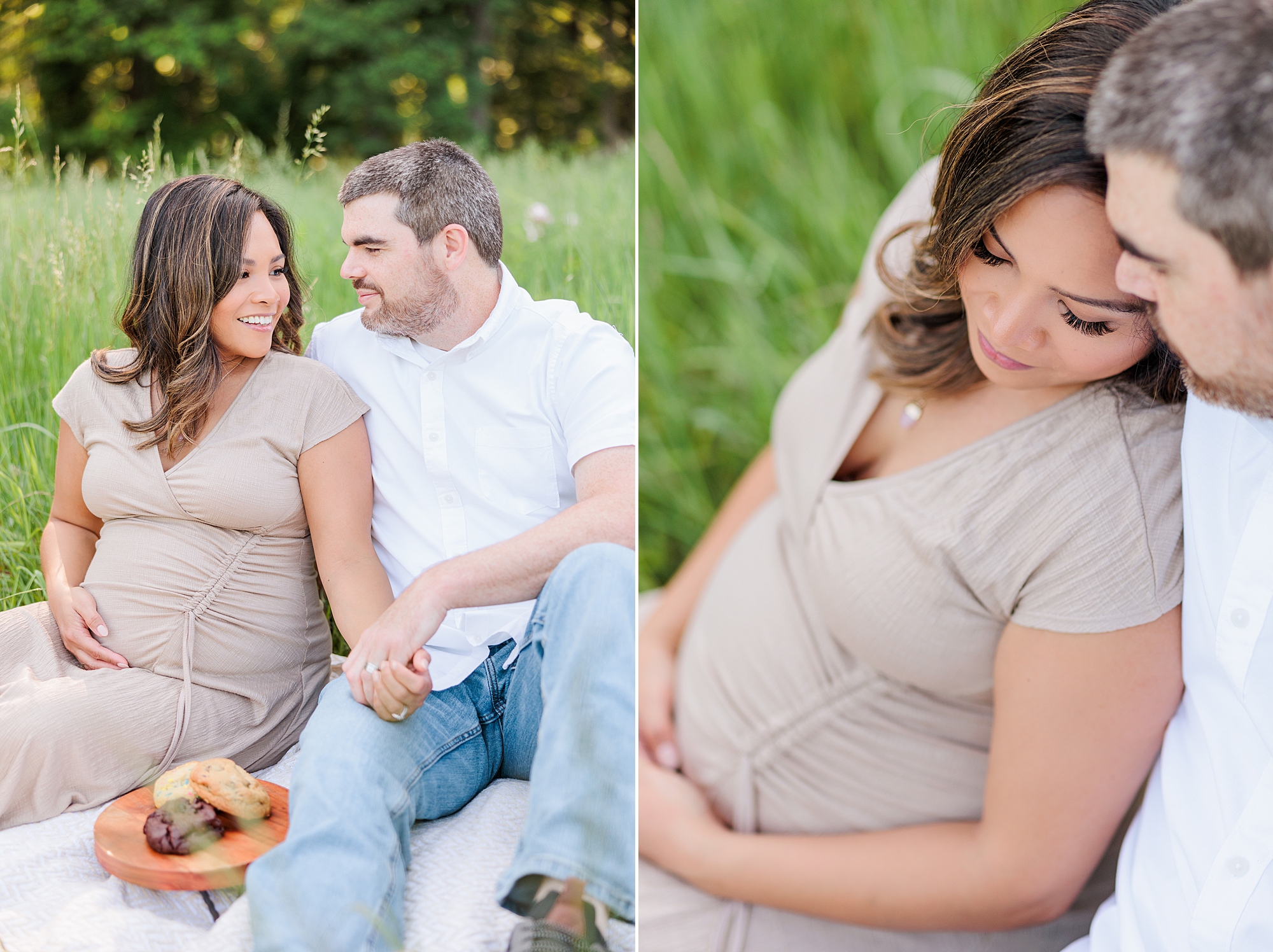 expecting woman lays against husband's chest during picnic at Seneca Creek Park maternity session