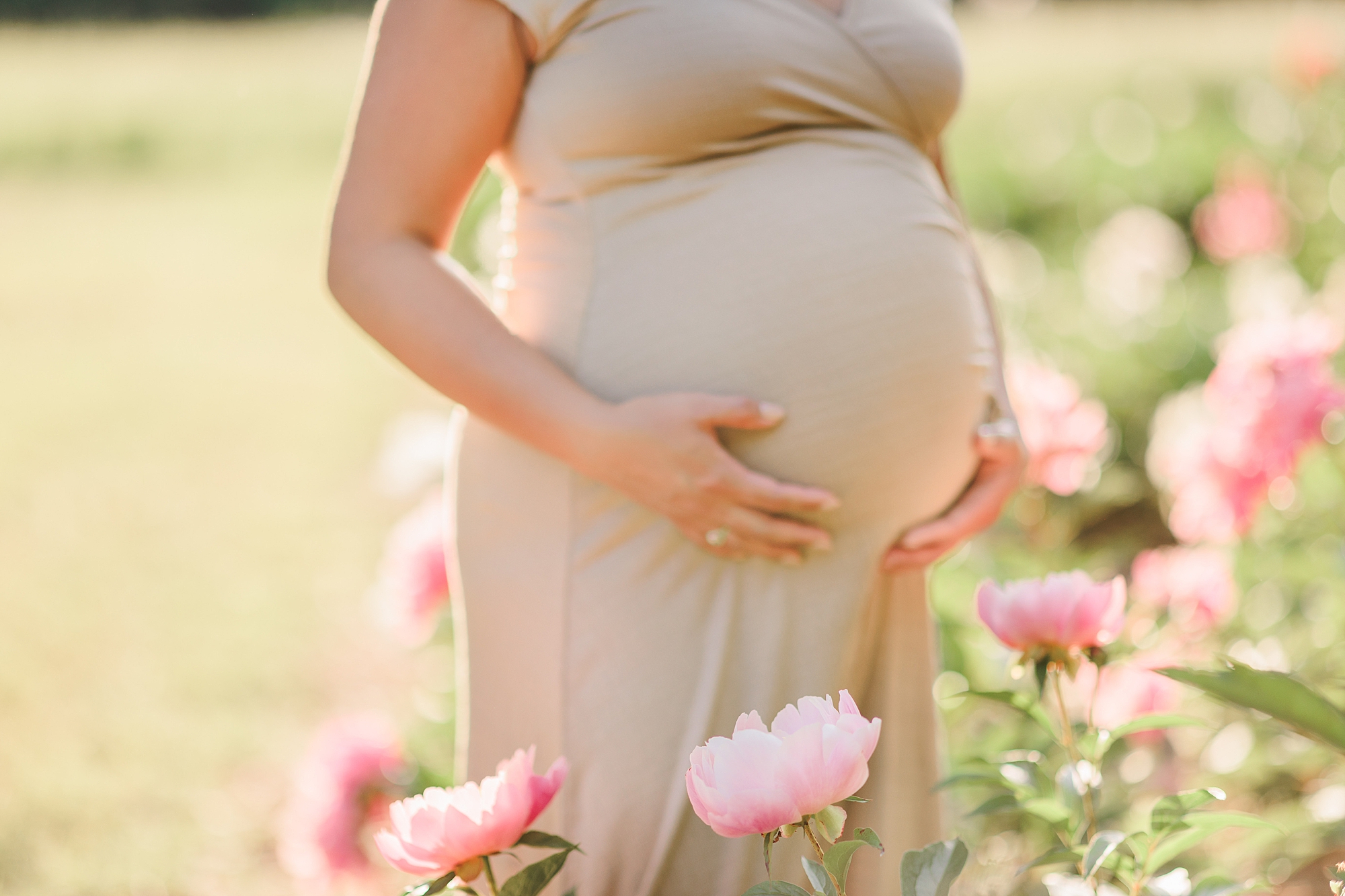 woman holds baby bump in tan dress standing among pink peonies 