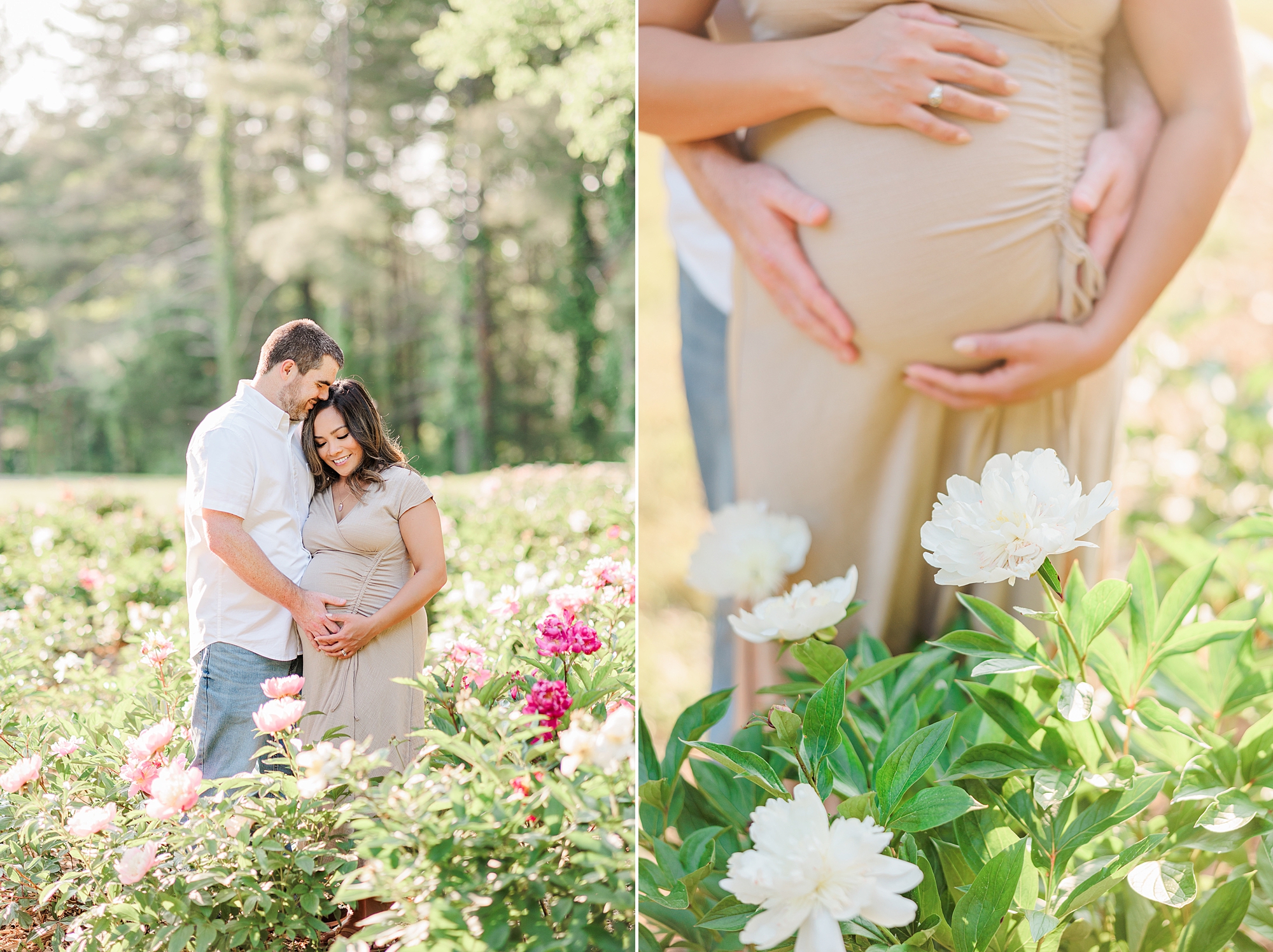 couple holds mom's belly during maternity photos at Seneca Creek Park