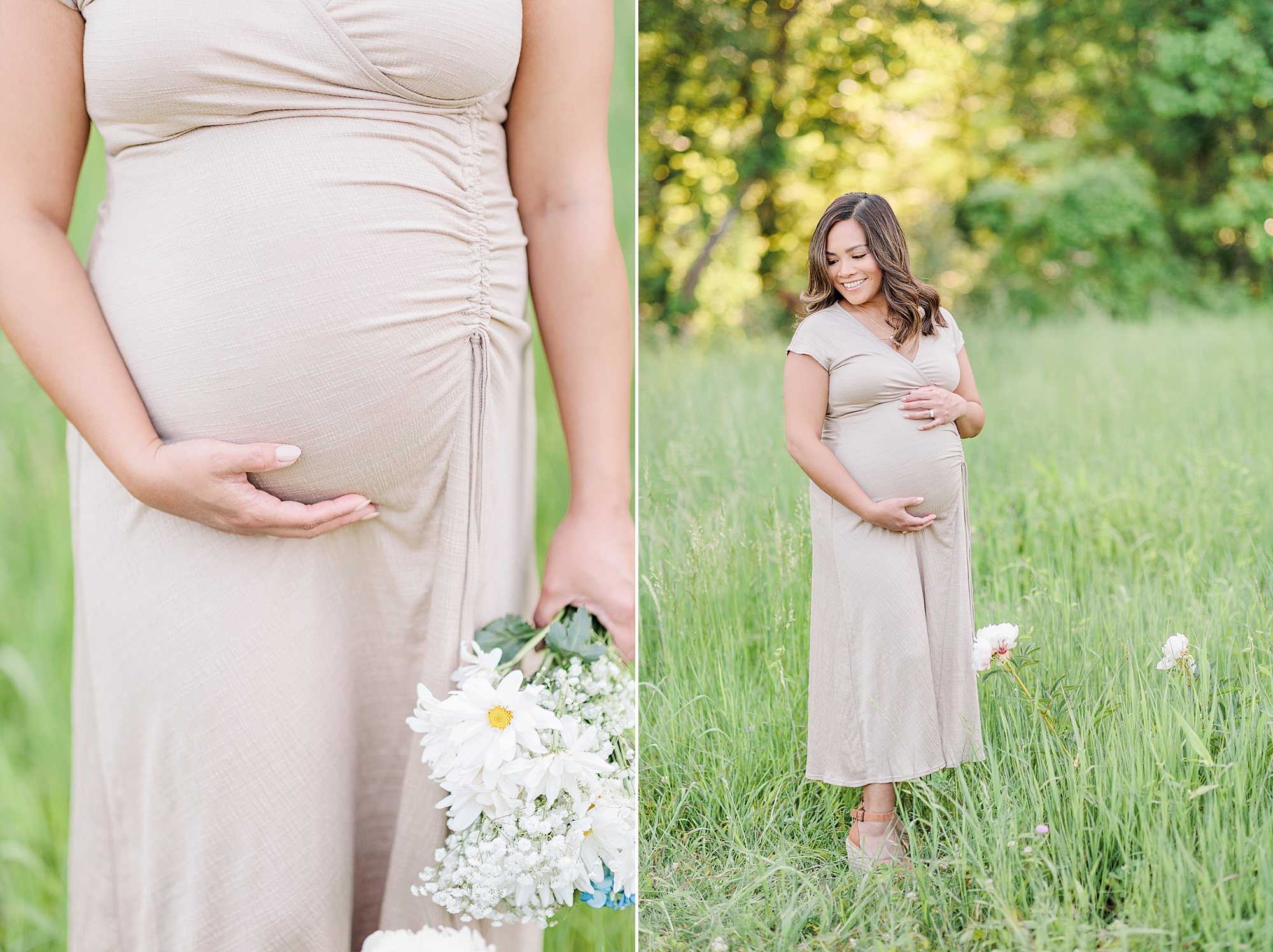 woman in tan dress holds bouquet of daises while holding baby bump