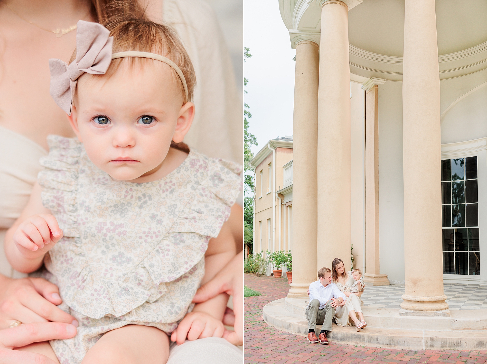 girl sits on mom's lap on steps at rotunda during family photos at Tudor Place