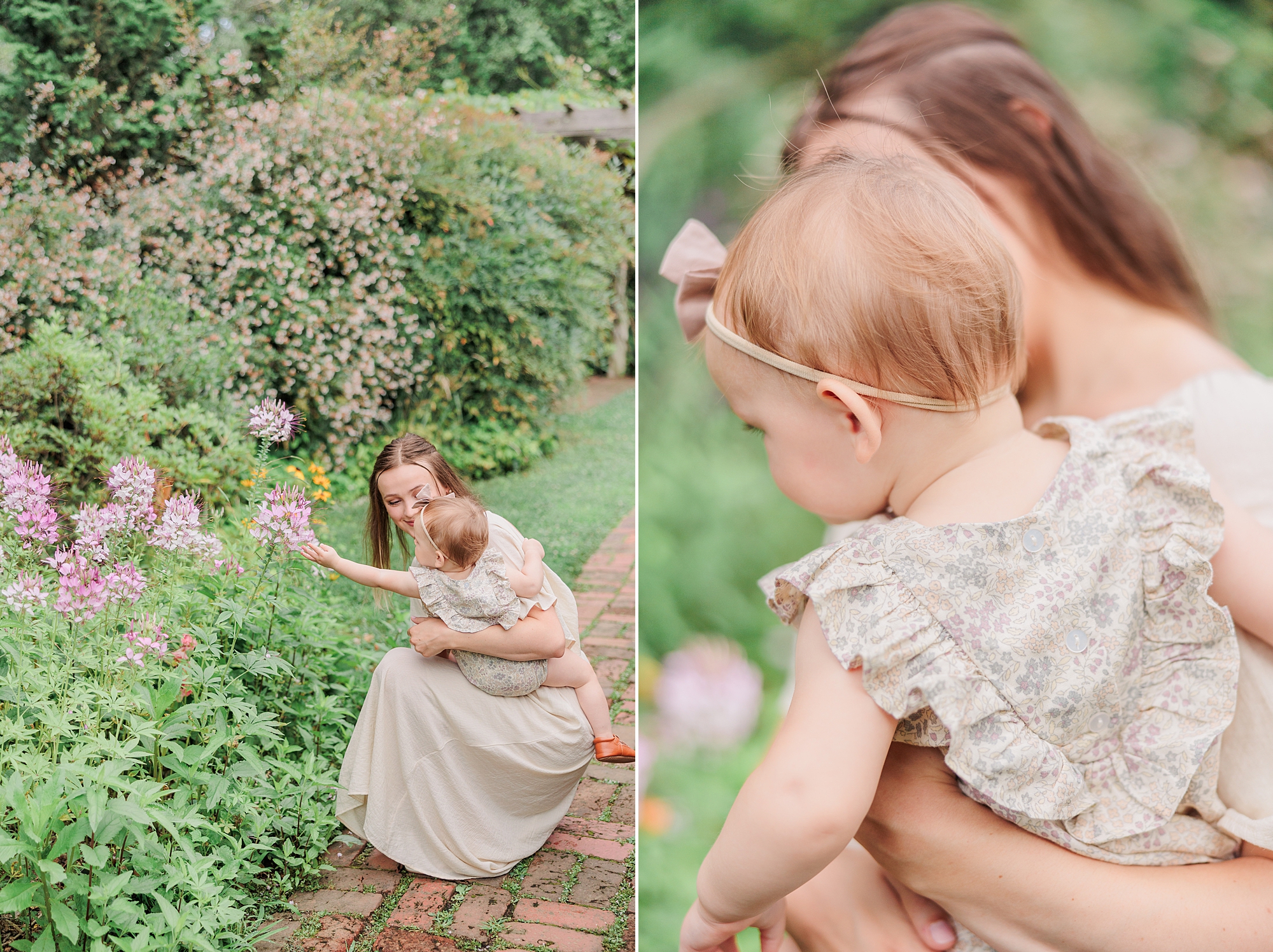 mom and toddler daughter look at pink and purple flowers during Tudor Place family photos