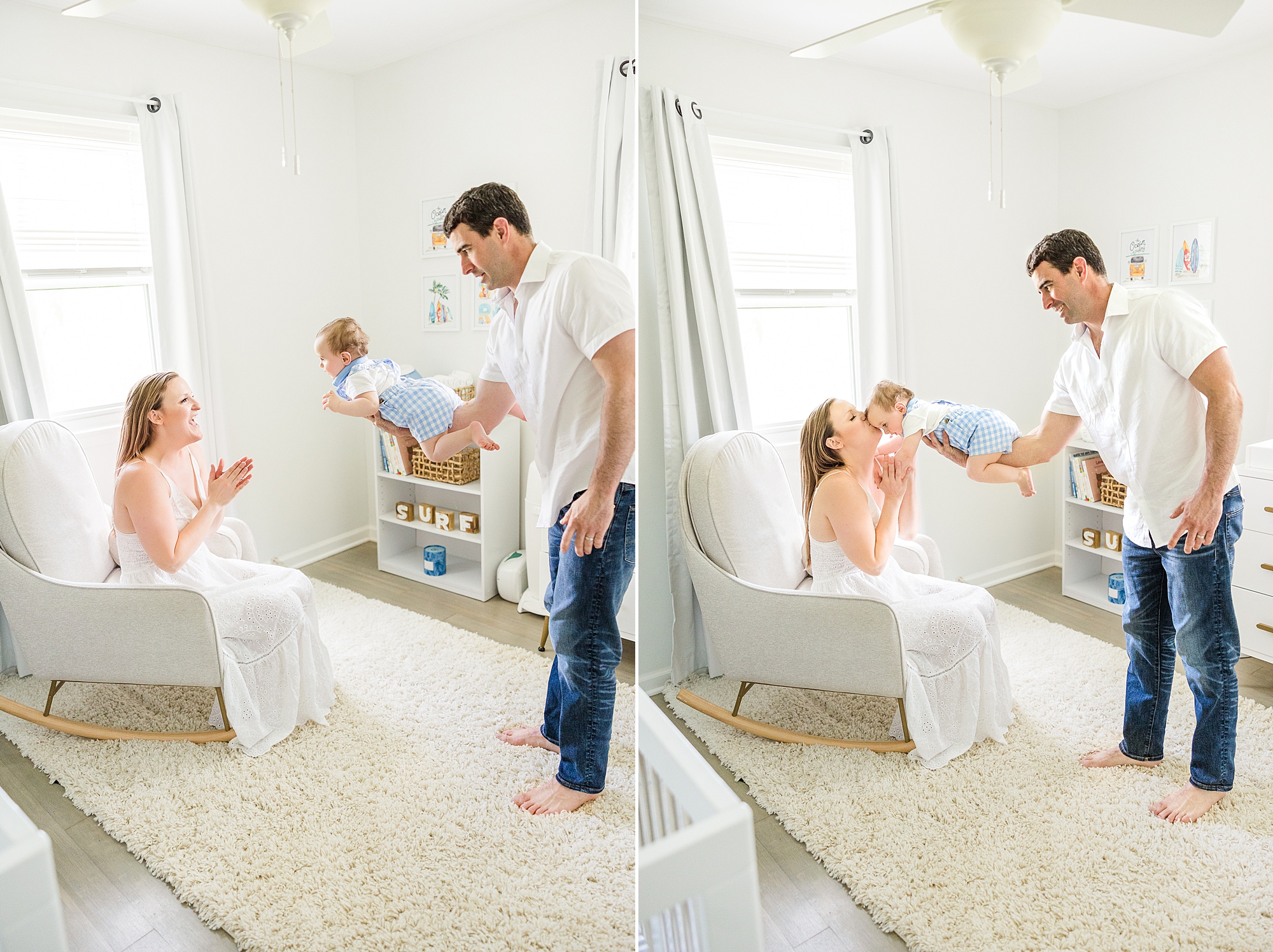 dad holds out toddler to kiss mom in nursery during Maryland Family Lifestyle Photos