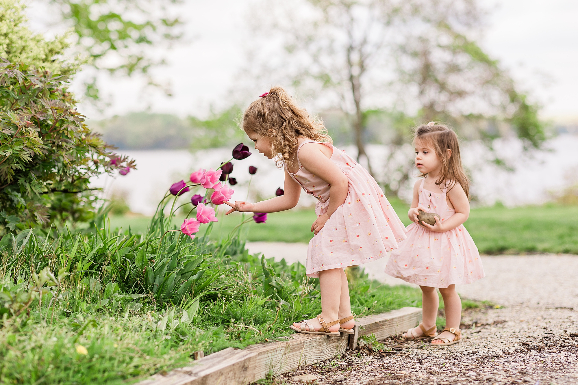 girl in pink dress leans to smell flowers during Maternity Photos with Northern Virginia Family Photographer