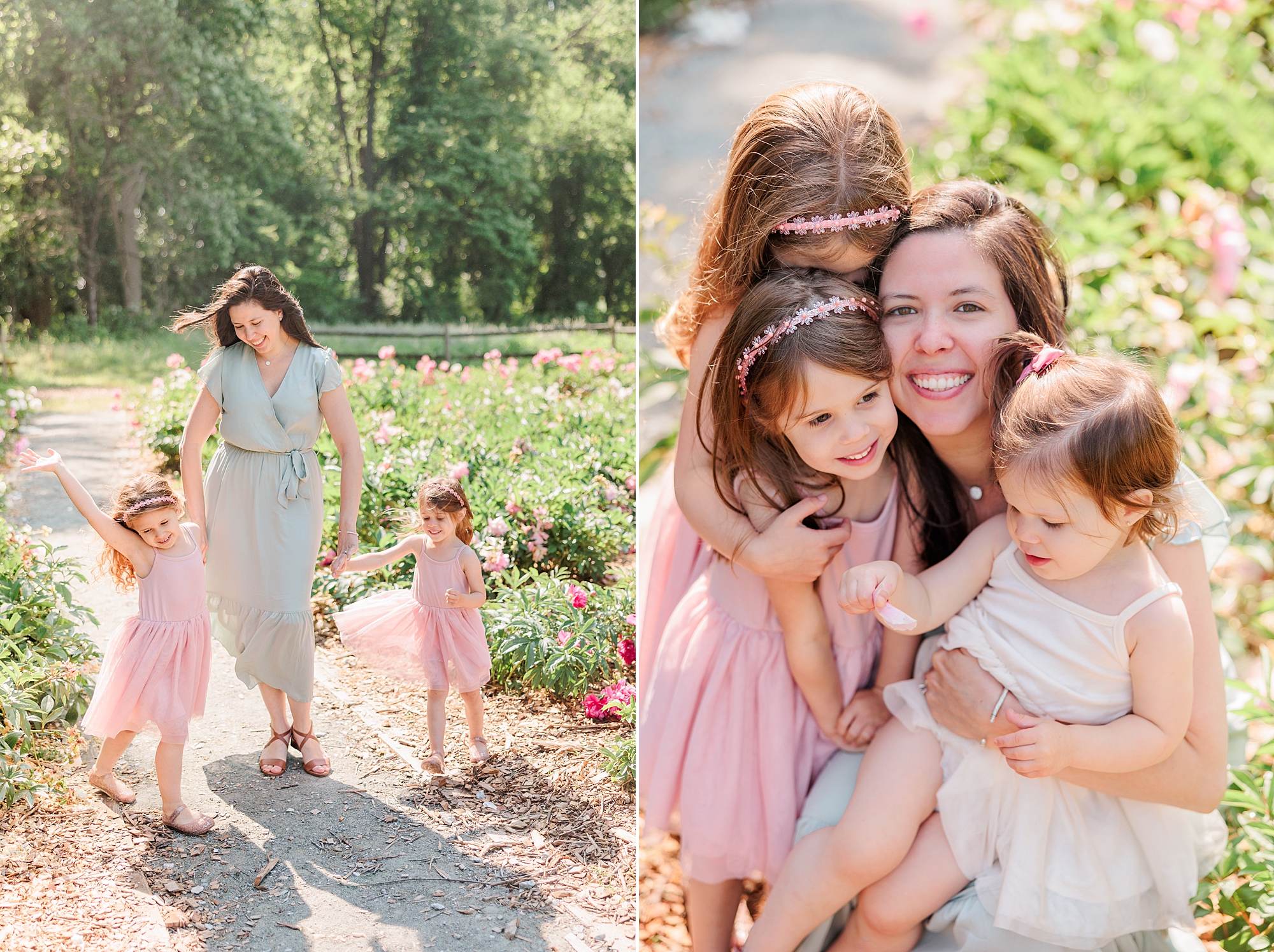 daughters hug mom during peony minis in Maryland 