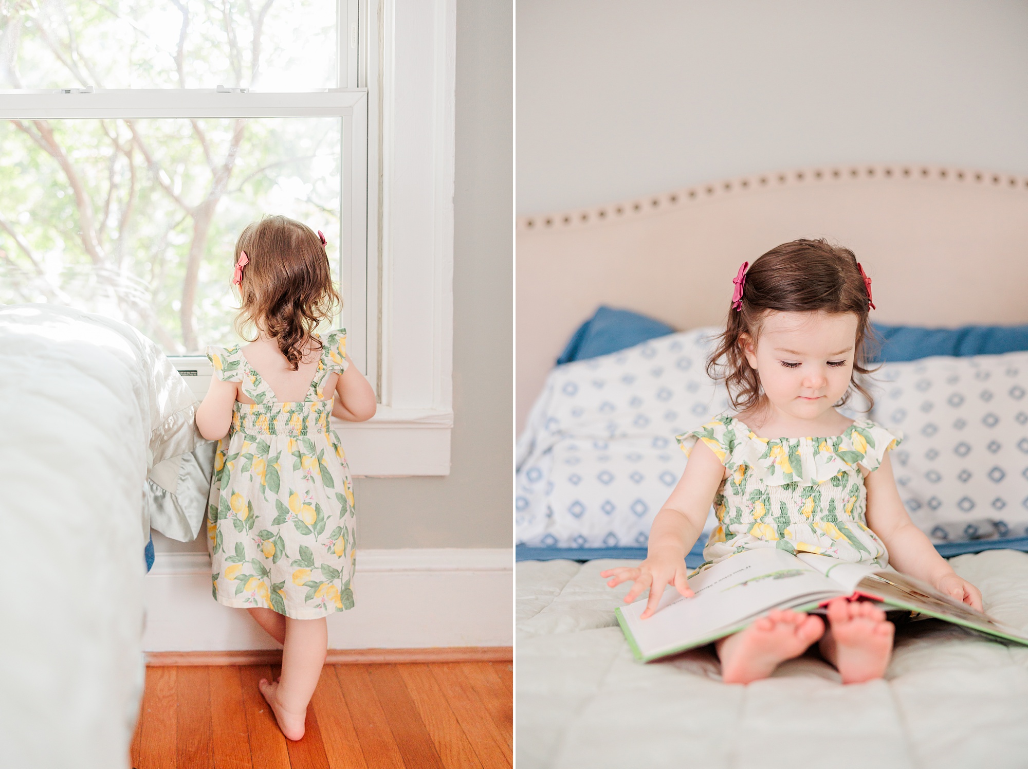 toddler sits in home and reads during lifestyle family photos in Bethesda MD
