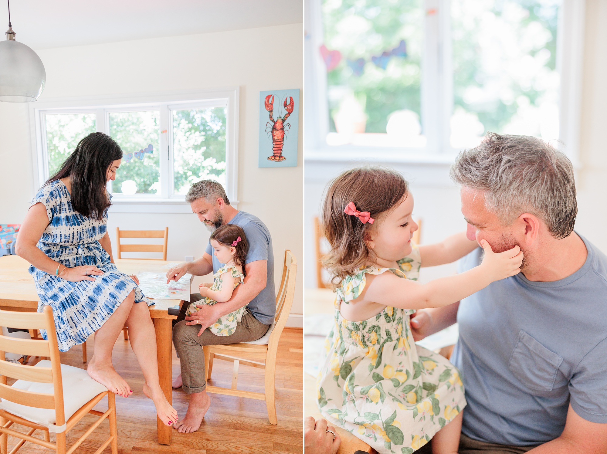 parents sit with young daughter at wooden kitchen table during lifestyle family photos in Bethesda MD