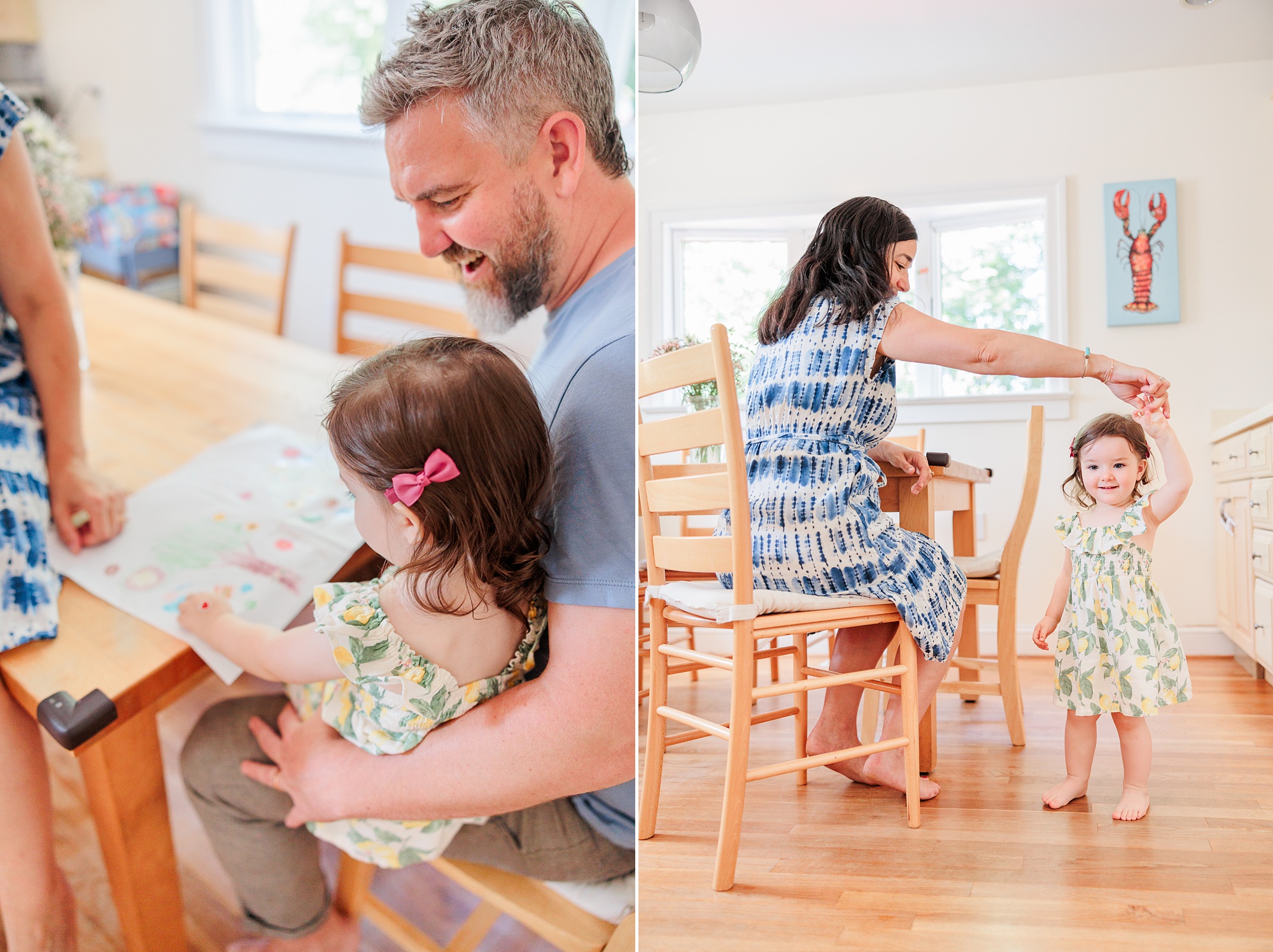 mom in blue dress twirls daughter near kitchen table during lifestyle family photos in Bethesda MD