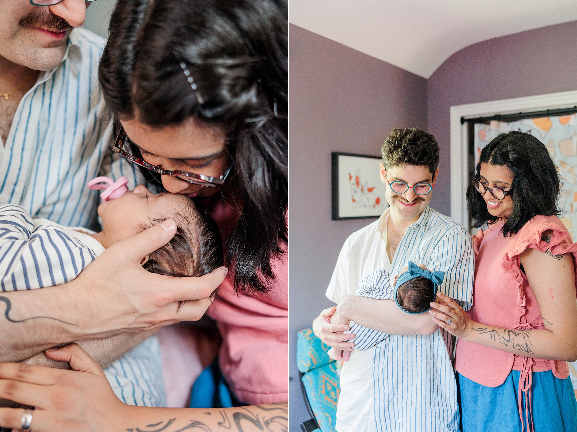 parents hold daughter in nursery during lifestyle newborn portraits in Silver Spring MD