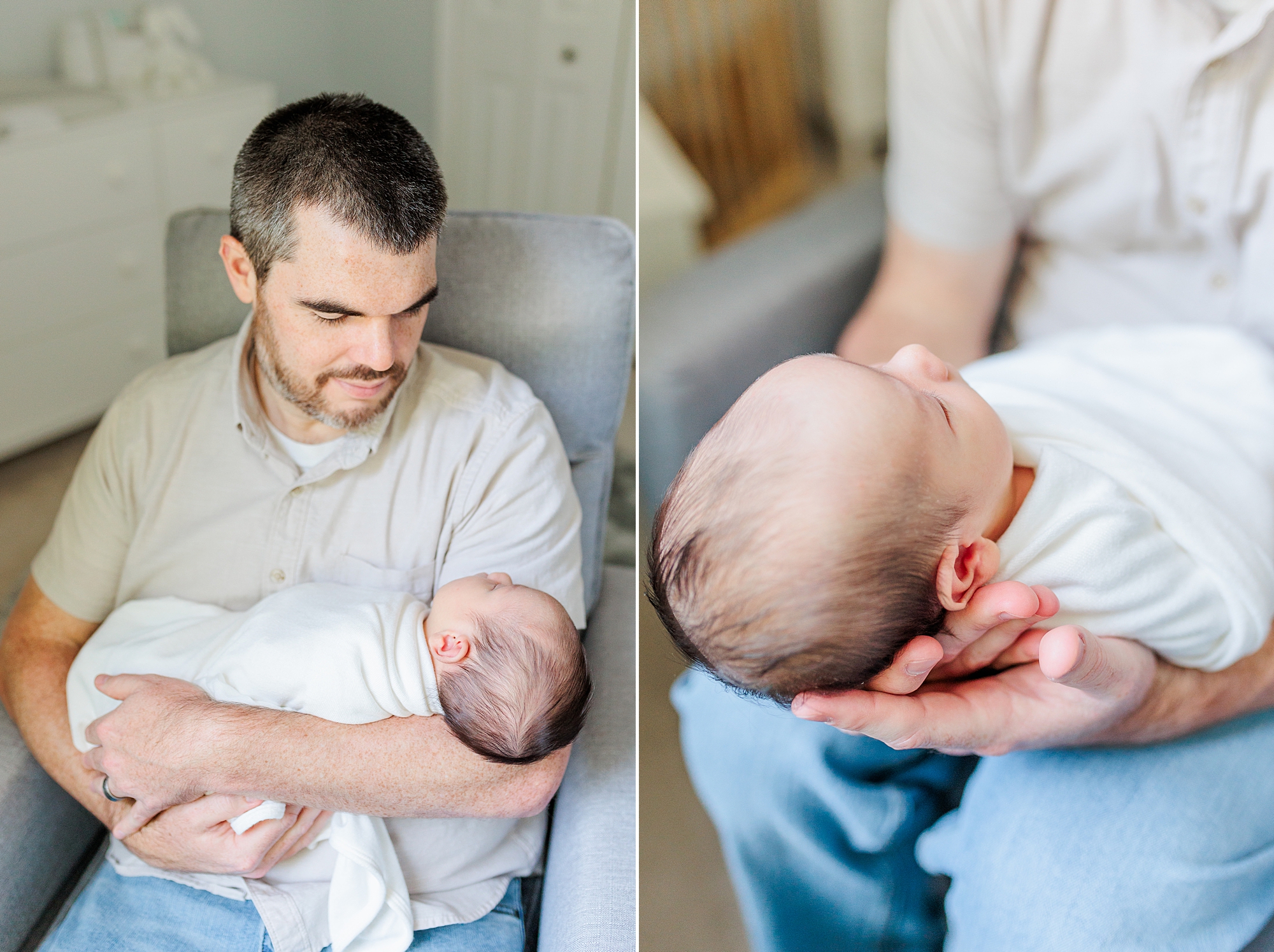 dad holds son looking down at him during Northern Virginia newborn session at home