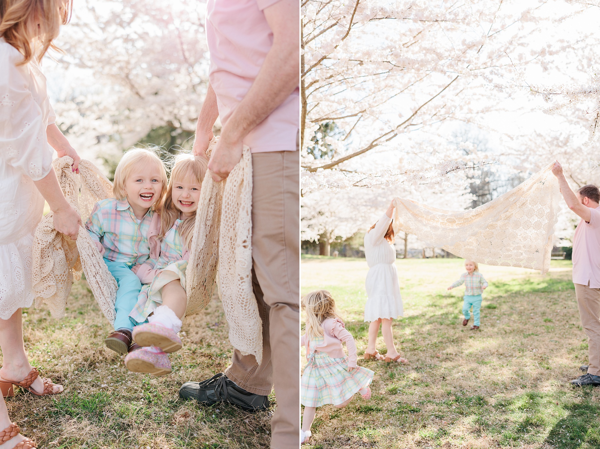 parents hold toddlers in lace blanket during spring family photos with Northern Virginia family photographer Christina Tundo Photography 