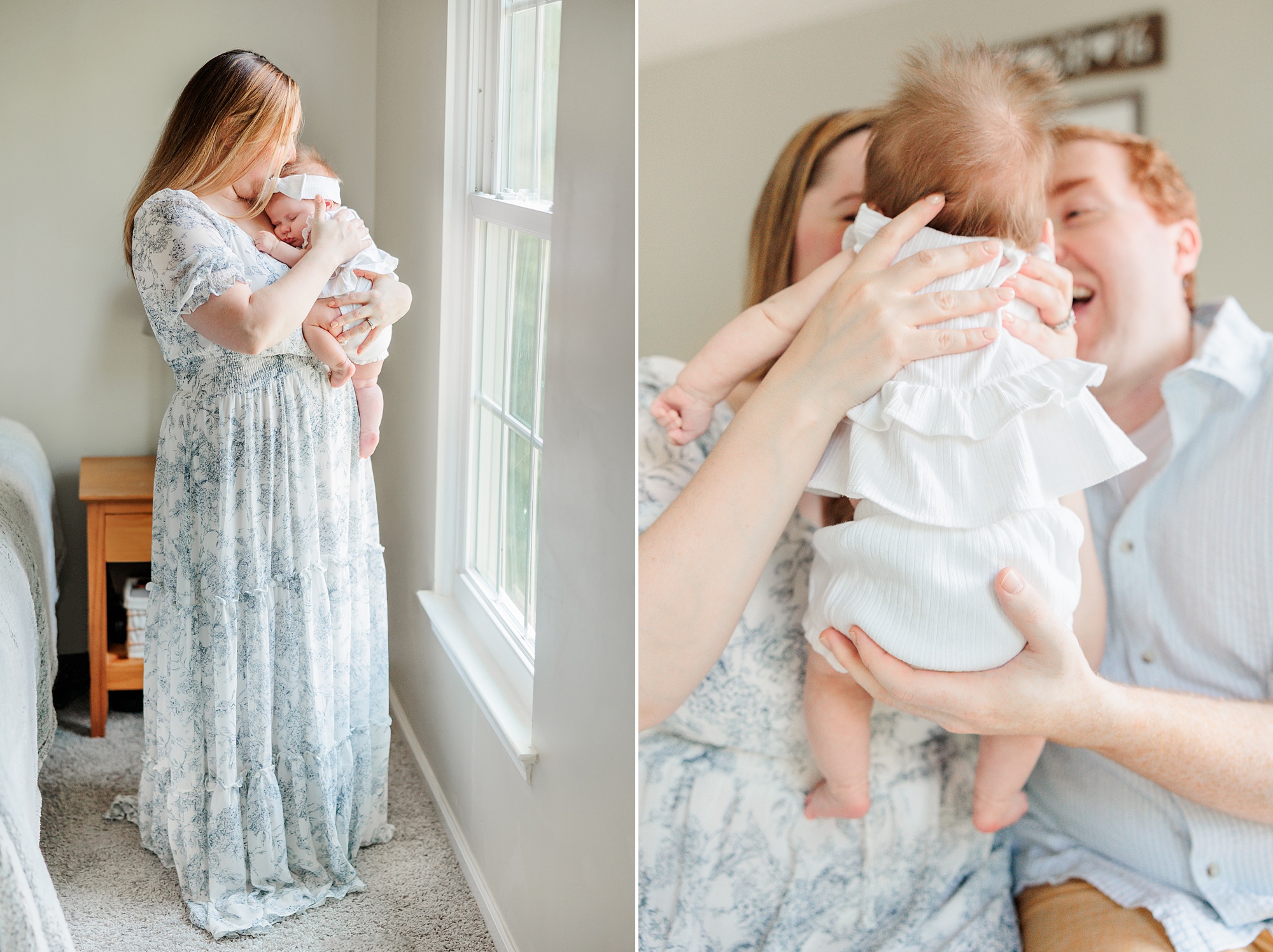 mom in blue dress holds baby on chest by window during lifestyle newborn session