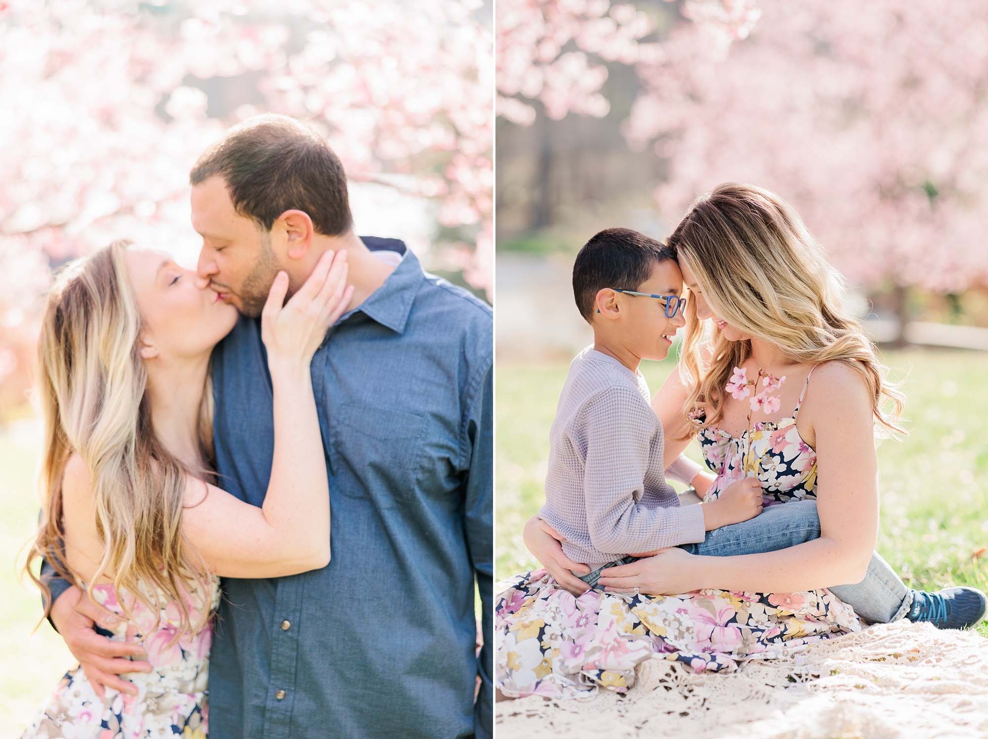 couple hugs in front of cherry blossom tree during spring family portraits with Northern Virginia family photographer Christina Tundo Photography