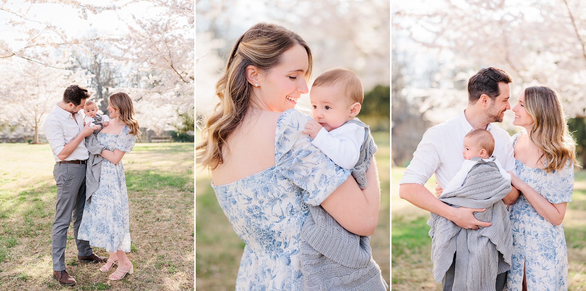 woman in blue and white dress snuggles with son and husband during Maryland family photos