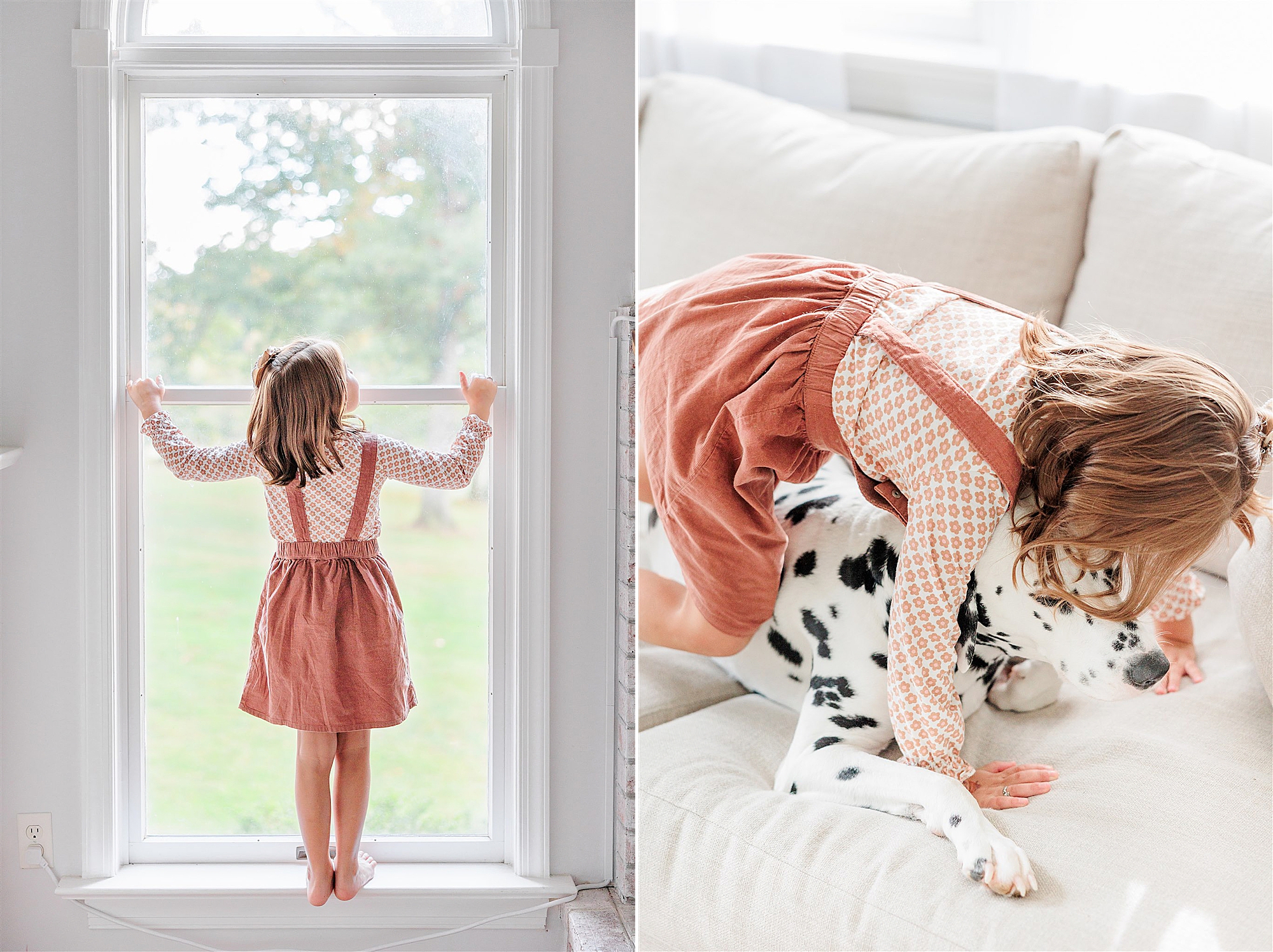 girl snuggles with Dalmatian puppy on couch during Howard County Family Lifestyle Photos