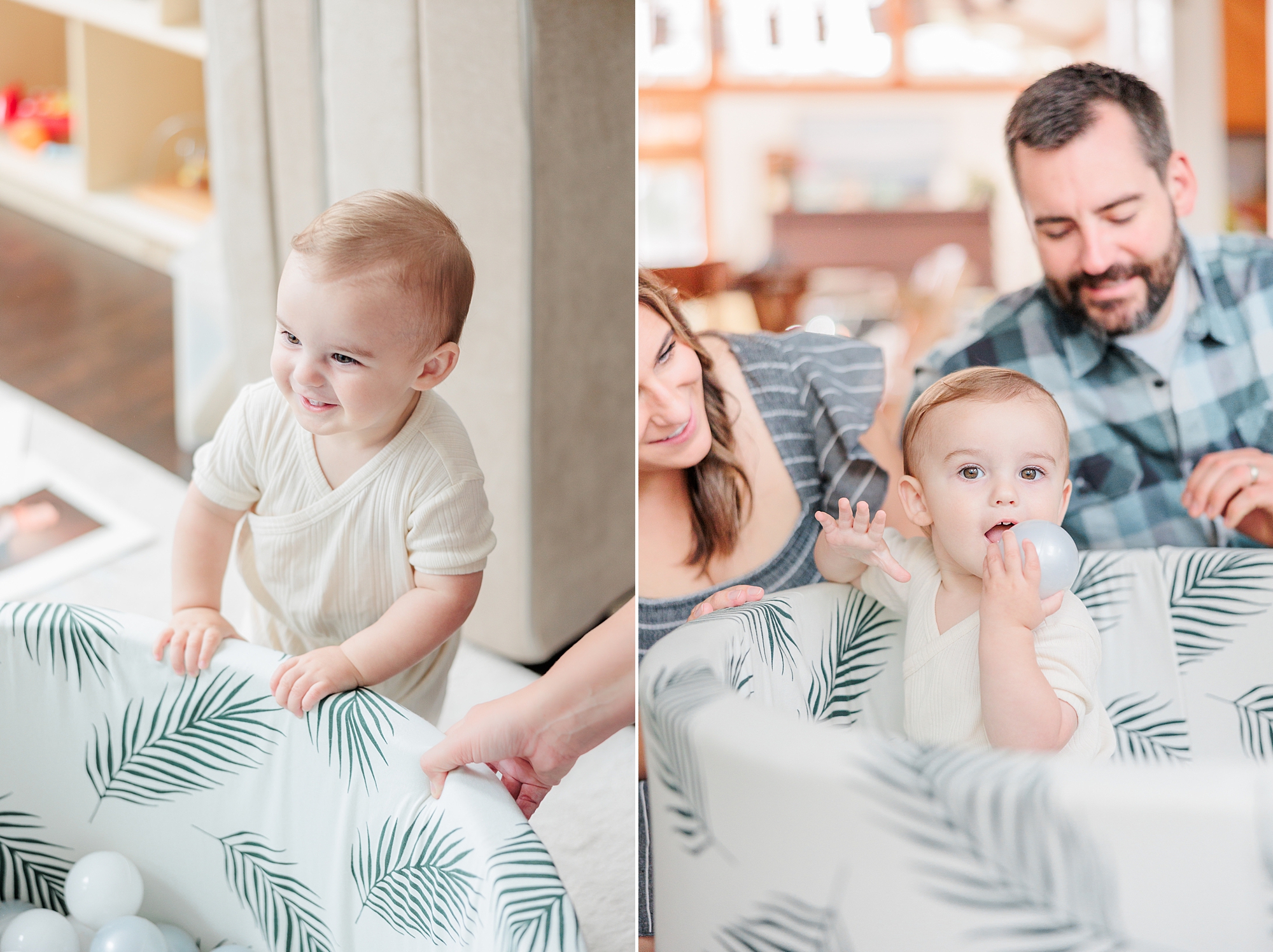 mom and dad play with son during in-home family photos
