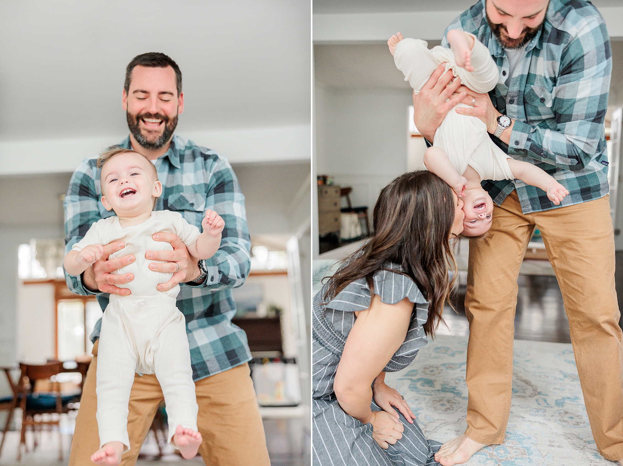 dad holds son upside down during in-home family photos