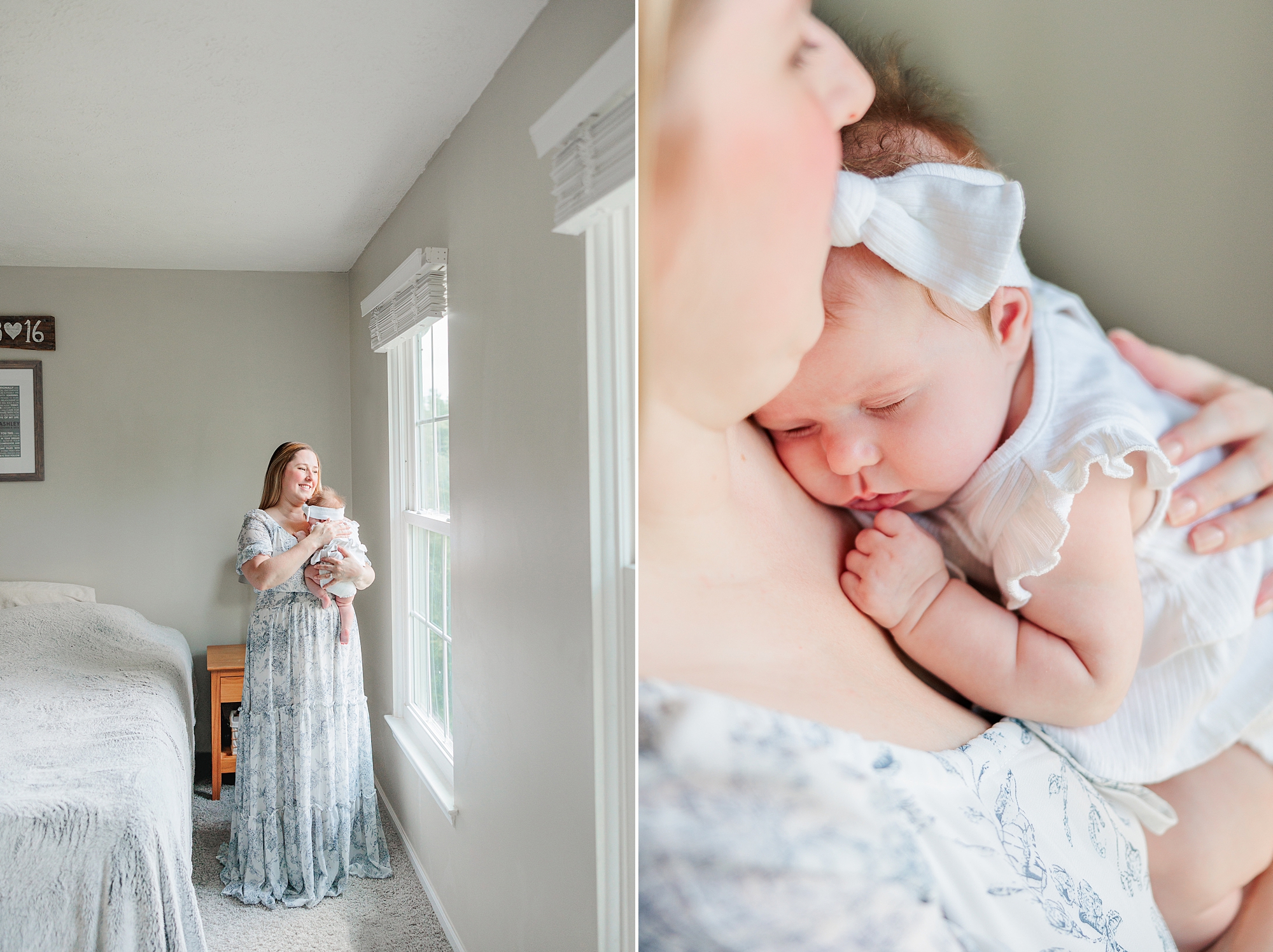 mom holds daughter in front of window during newborn photos in Maryland 