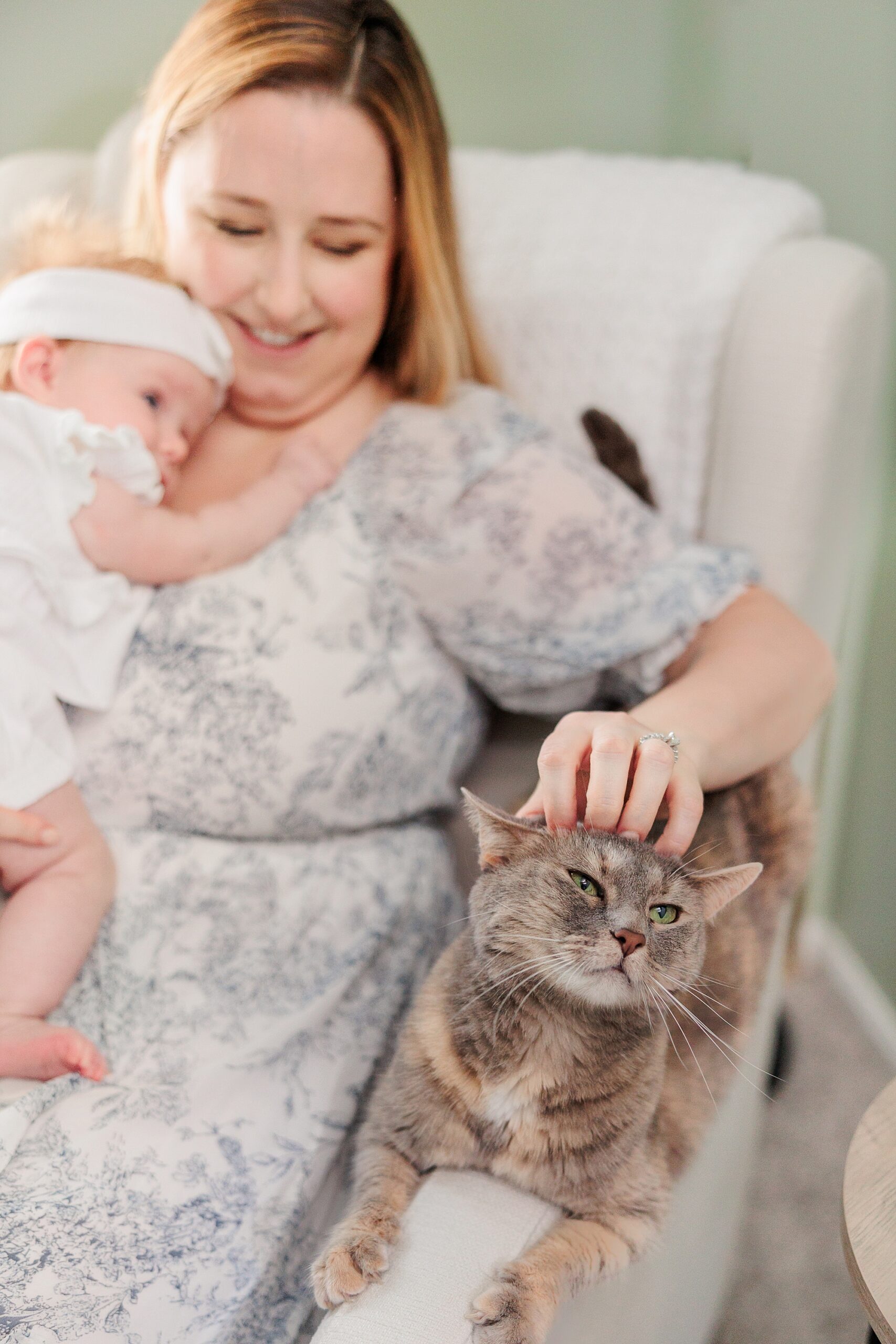 mom pets grey cat while holding daughter in nursery of Maryland home 