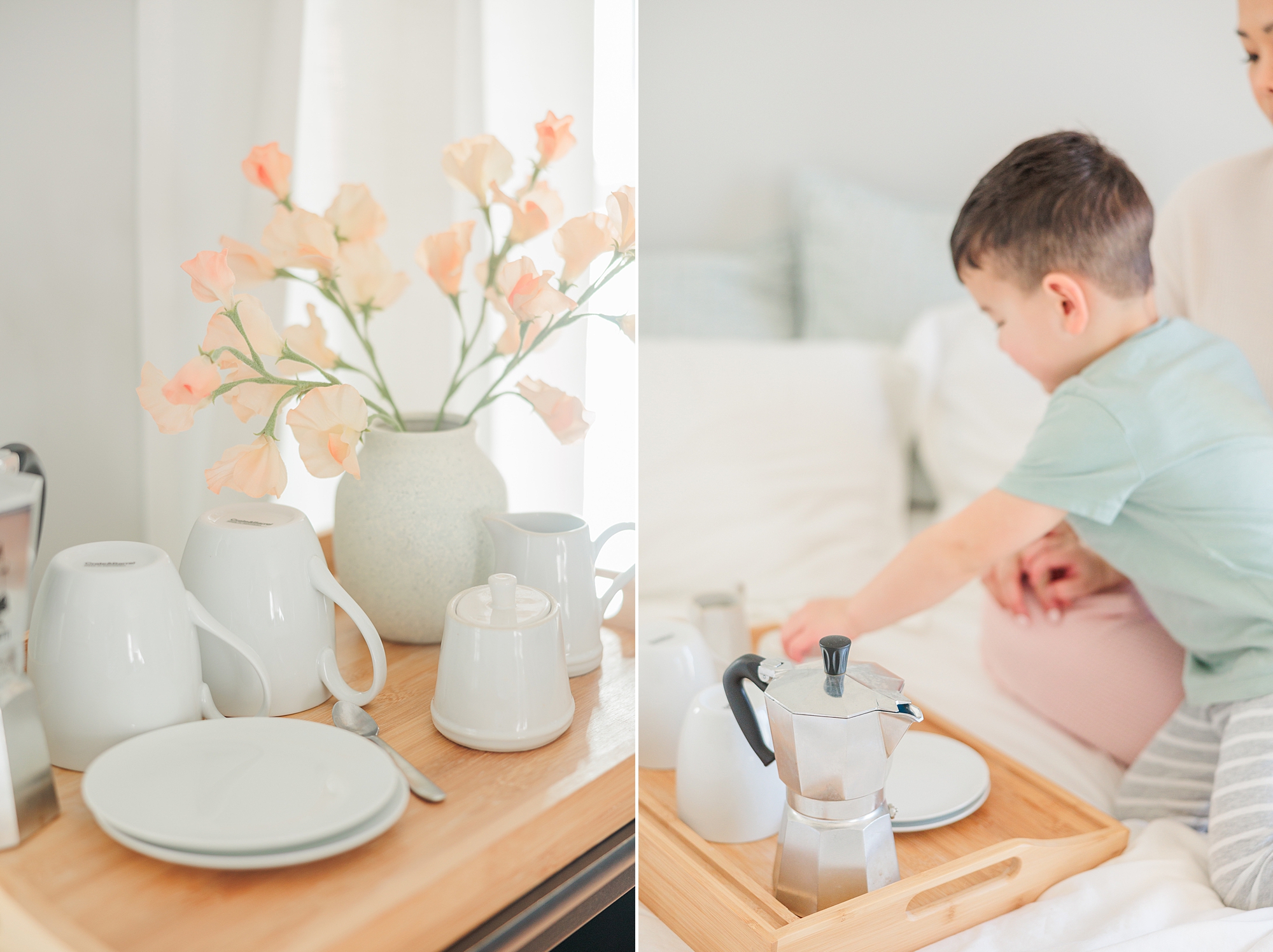 toddler reaches for coffee cup on tray laying on bed