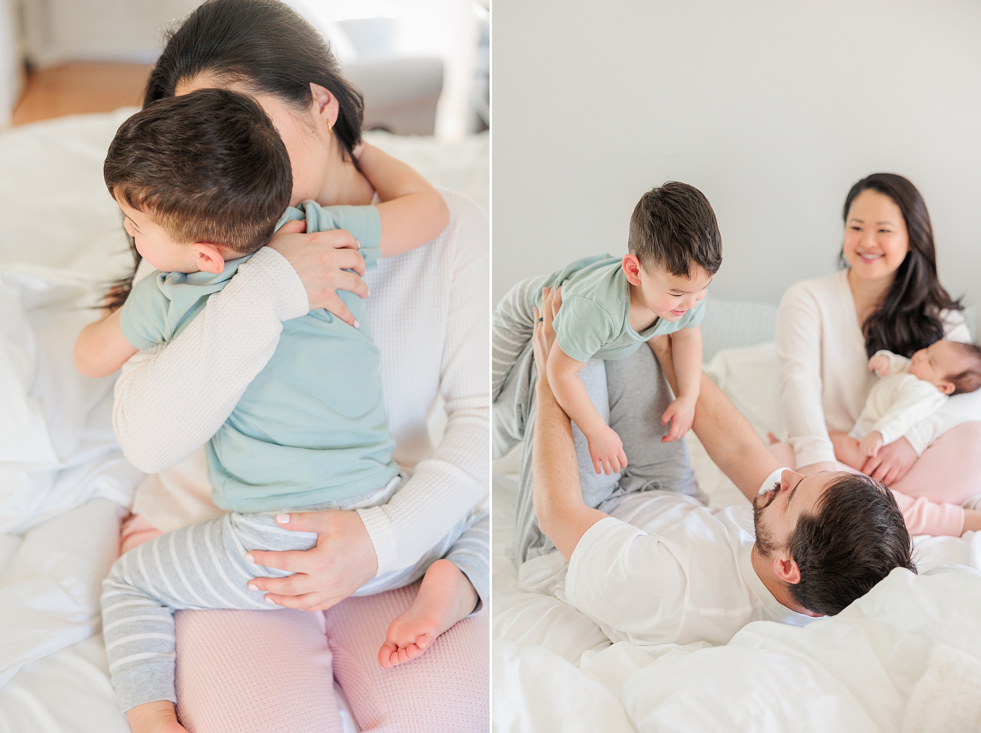 parents play with son and daughter on bed for casual newborn and family photos in Howard County home