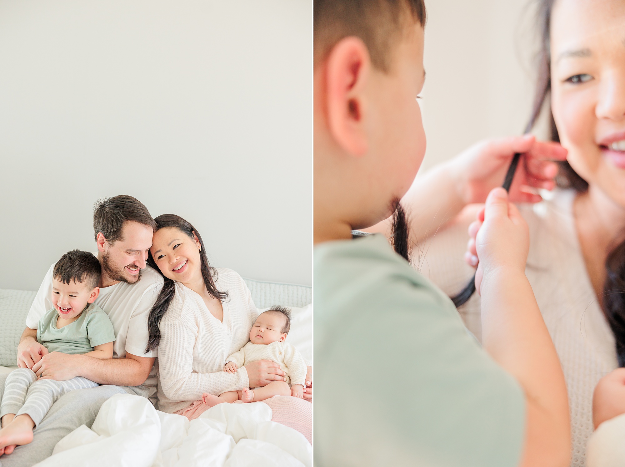 son plays with mom's hair during casual newborn and family photos in Howard County home