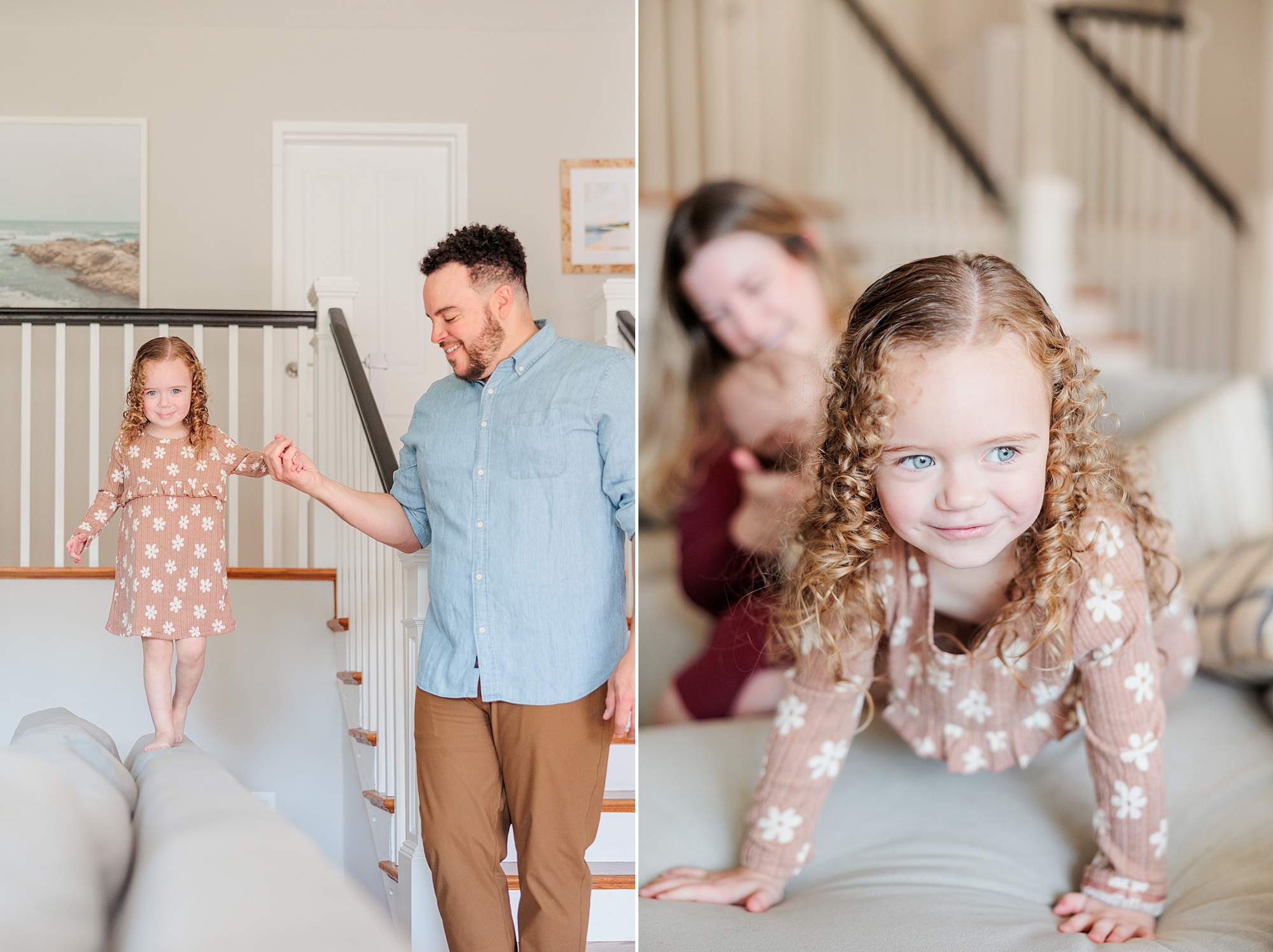 dad helps toddler walk on the back of their couch during family photos at home