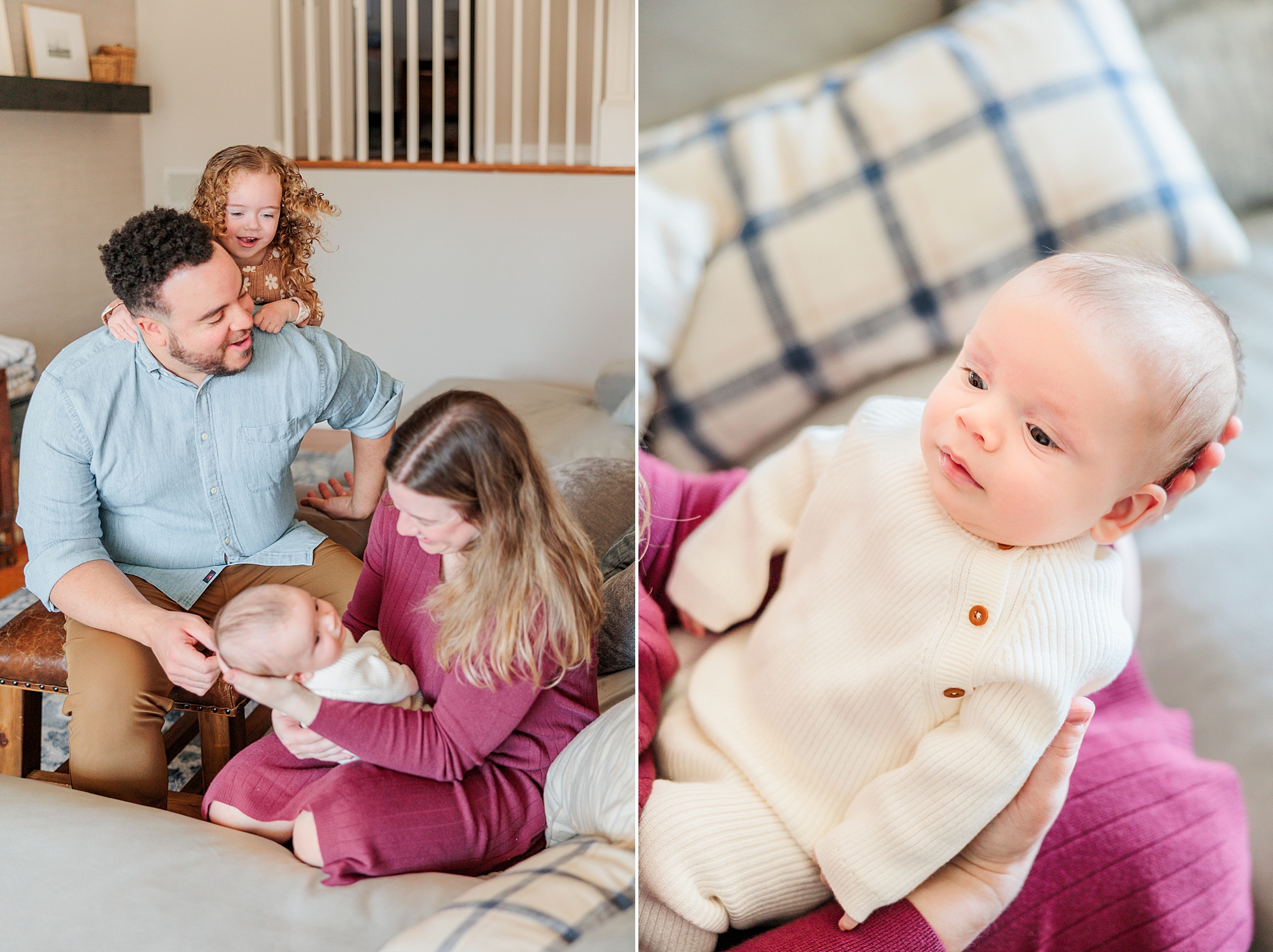 parents play on couch with toddler and newborn daughter during Maryland newborn lifestyle session