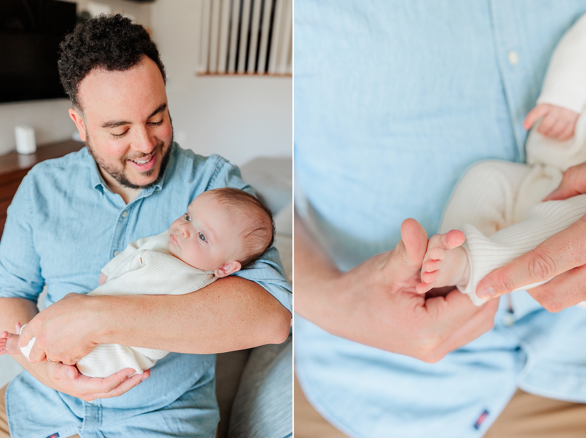 dad in blue shirt holds newborn daughter during Maryland newborn lifestyle session