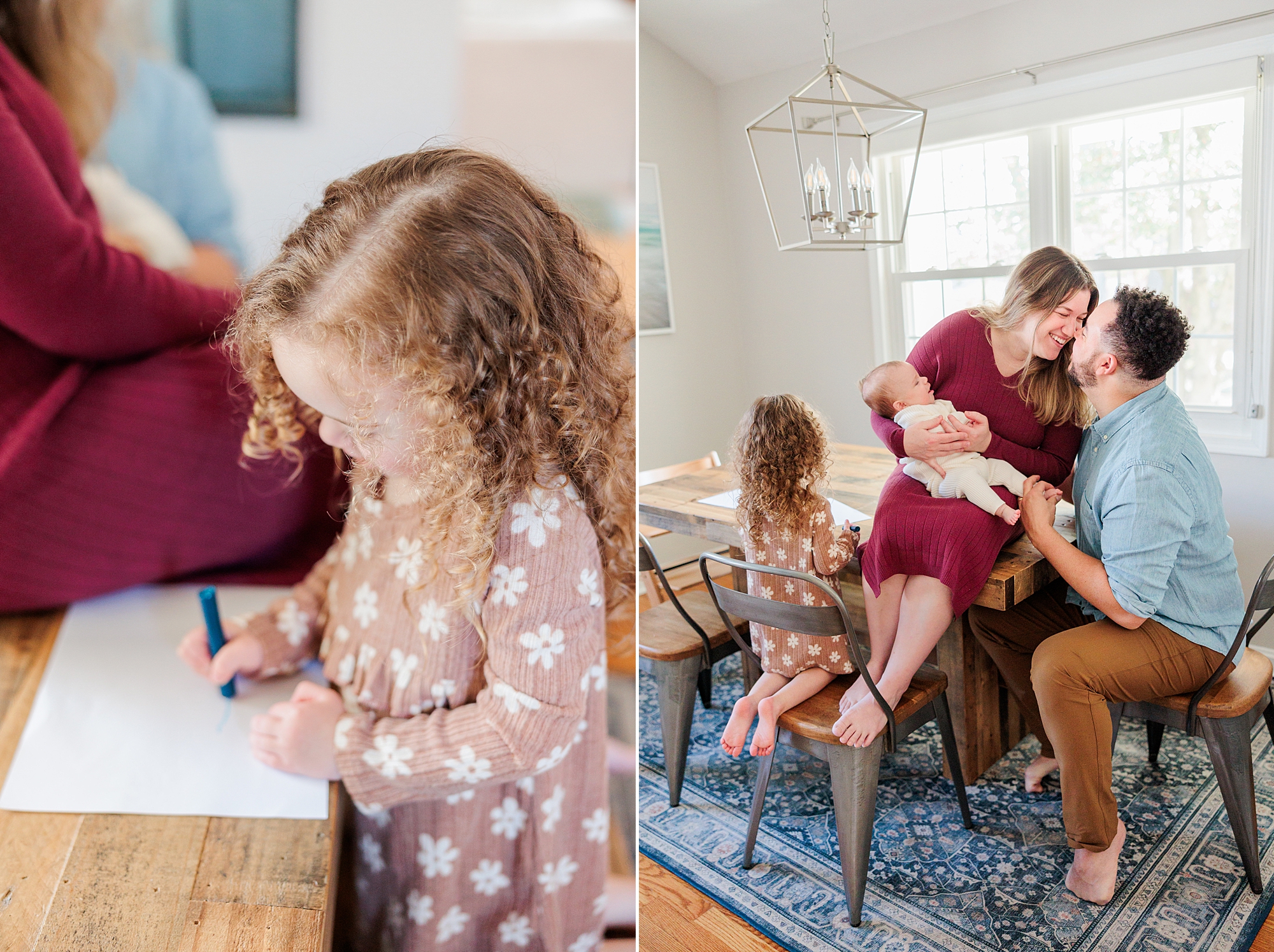 toddler colors a picture on kitchen table while mom sits next to dad