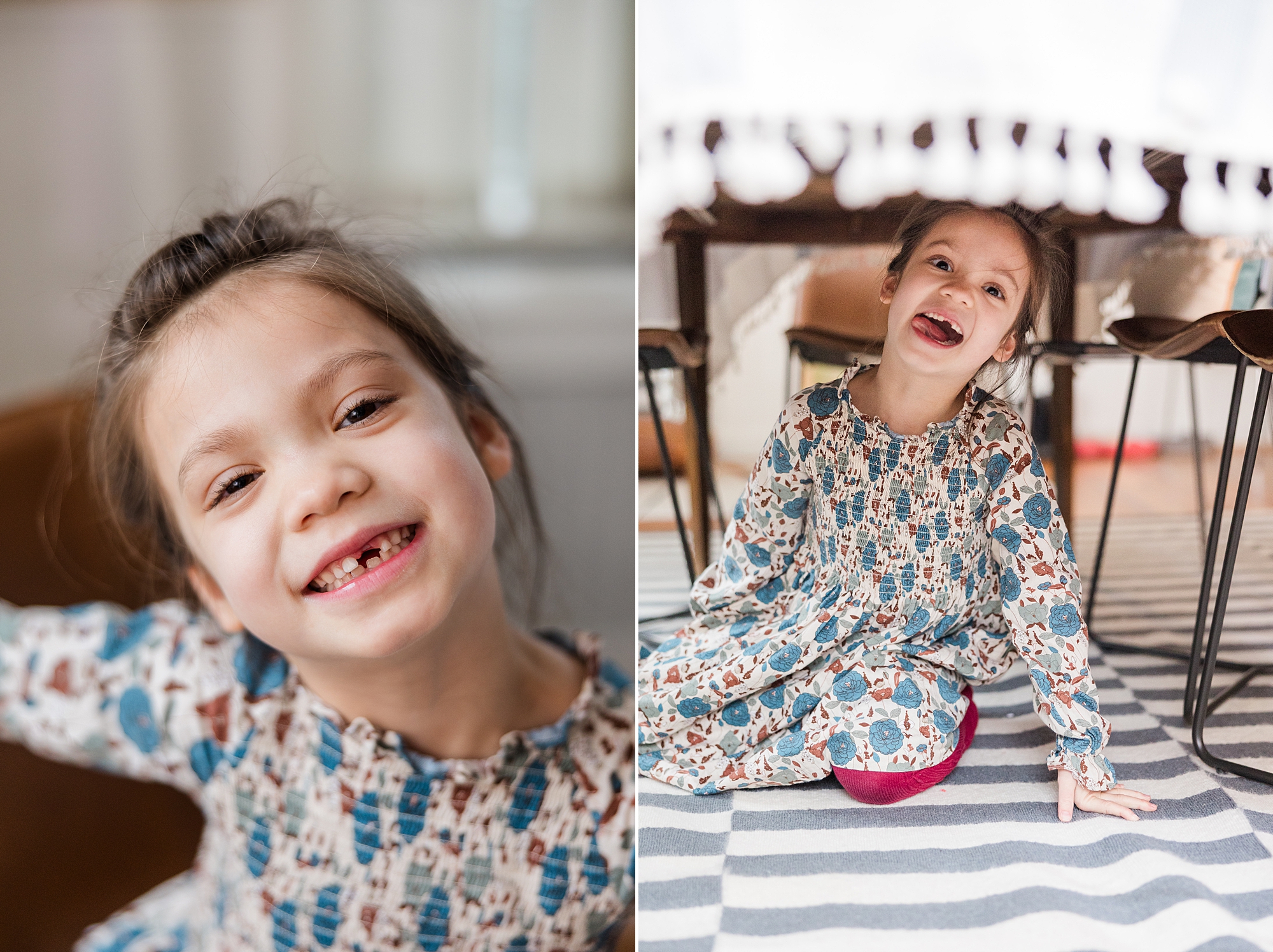 girl smiles showing gaps in teeth during family photos in NOVA