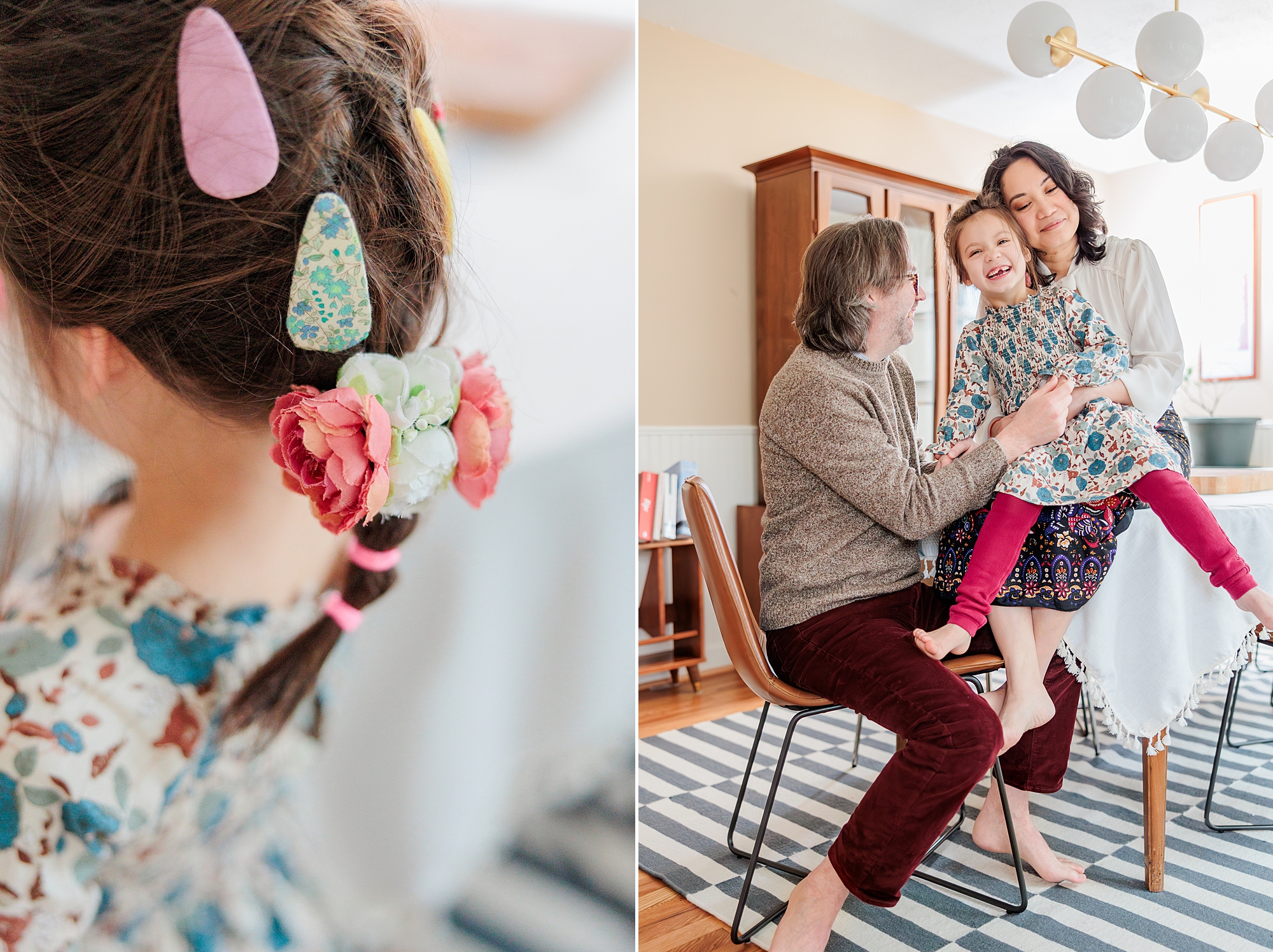 girl shows off barrettes and clips in hair posing with parents 