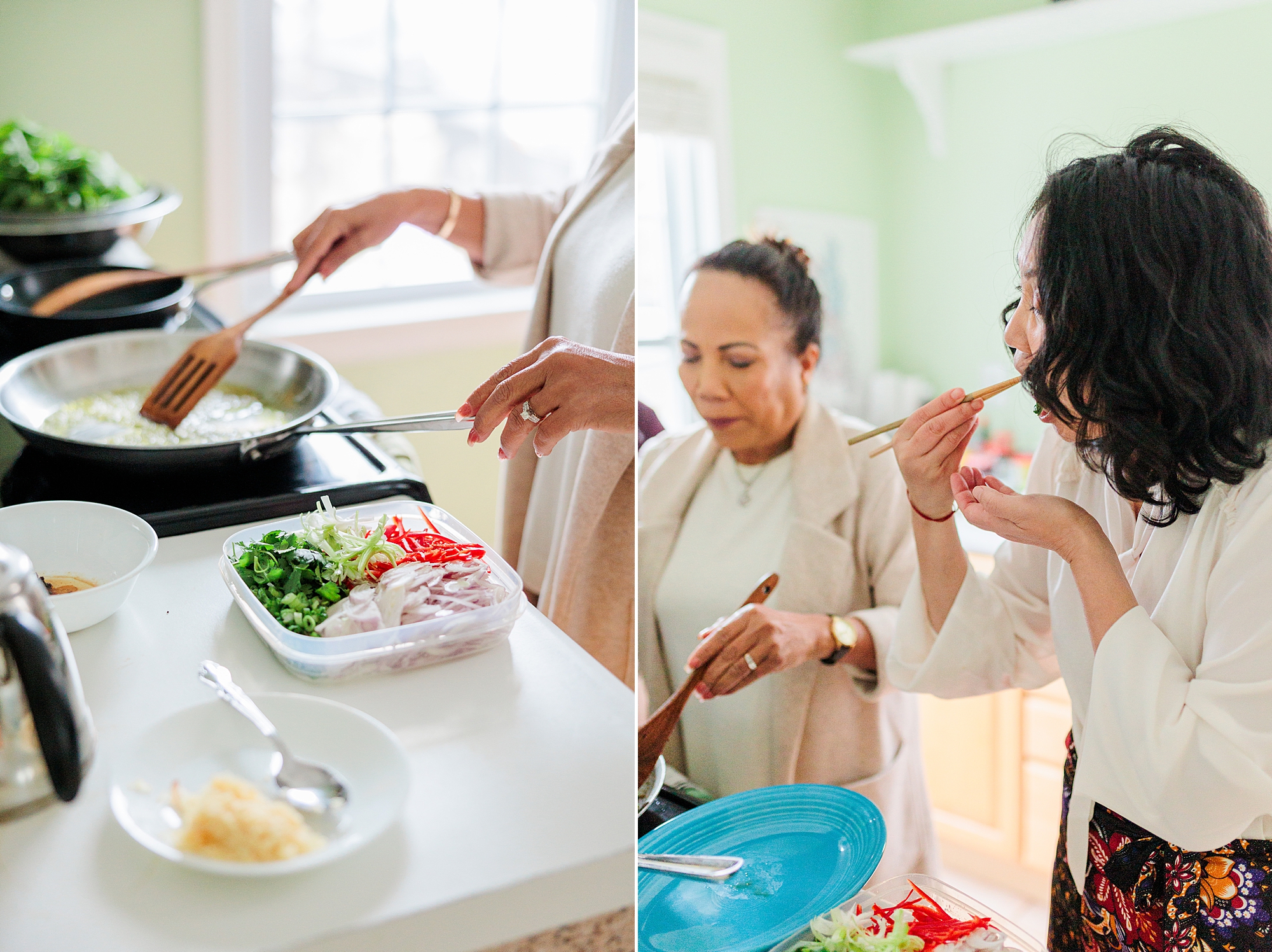 women cook together during lifestyle family photos in Northern VA