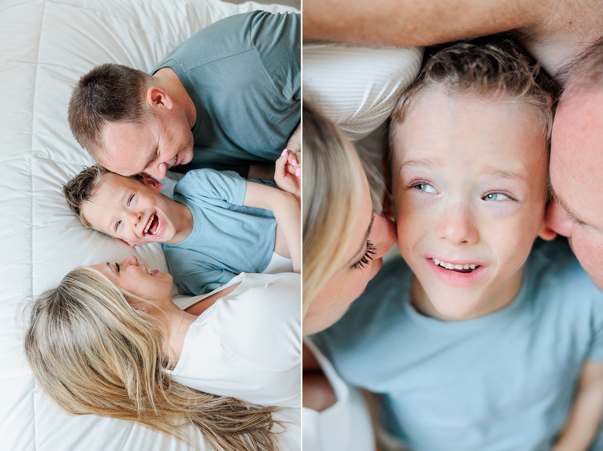 parents play with son during family photos in Maryland home