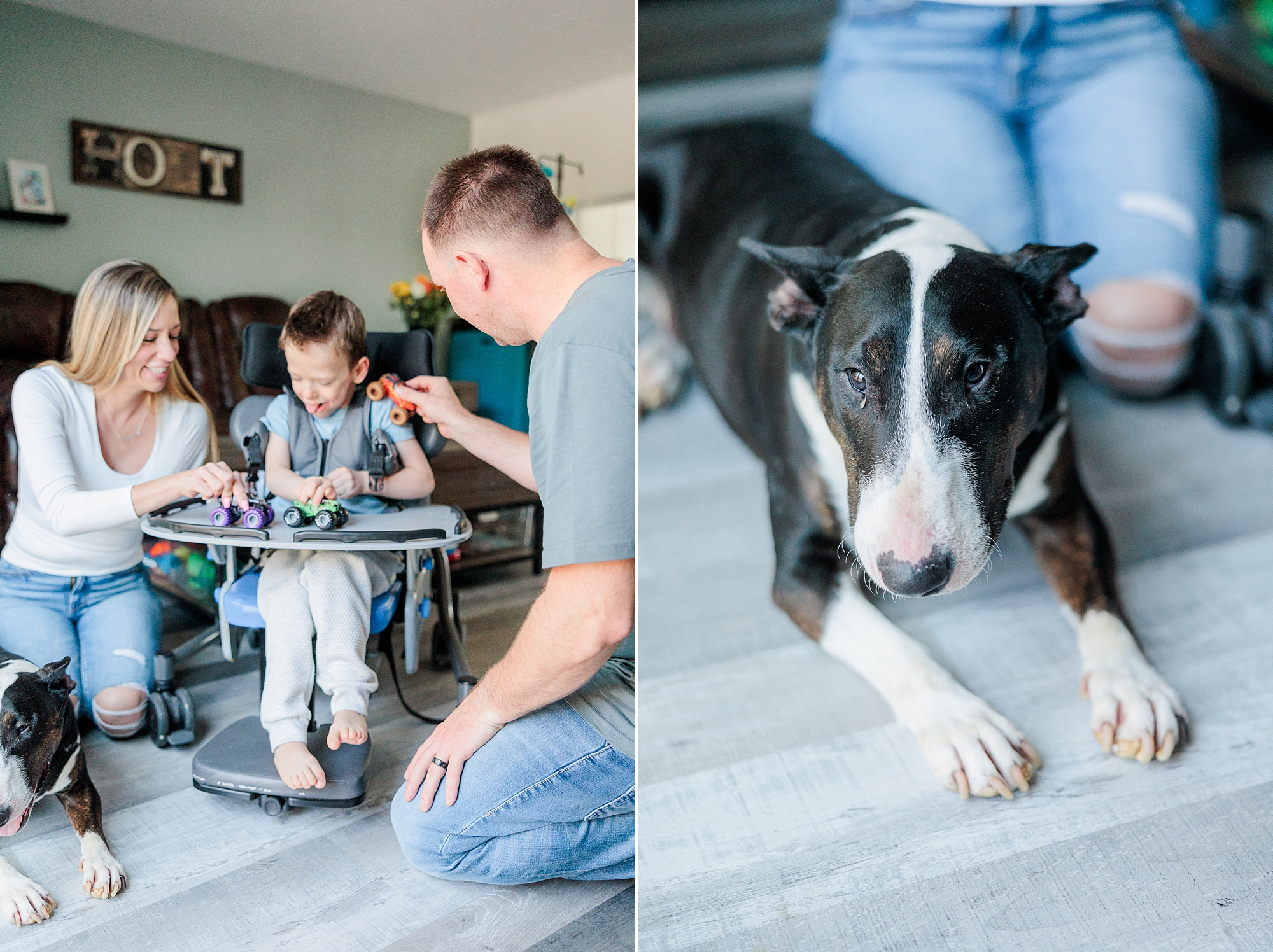 parents play with son with special needs in living room of Maryland home 