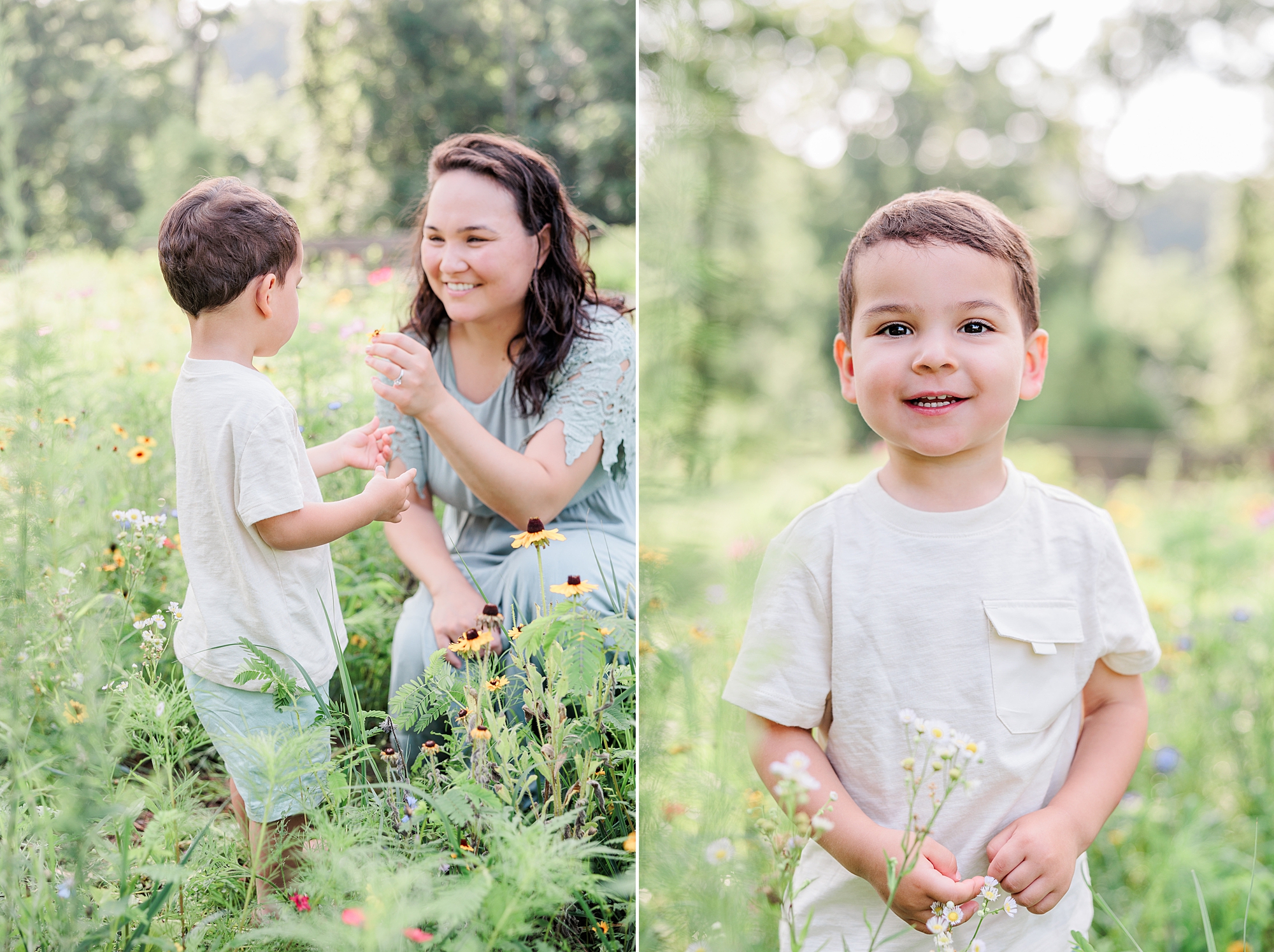 mother and son play together during wildflower minis in Howard County MD