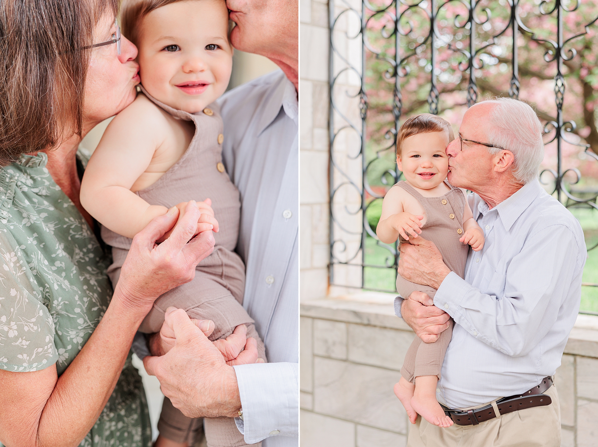 grandparents hold toddler between them and kiss his cheeks