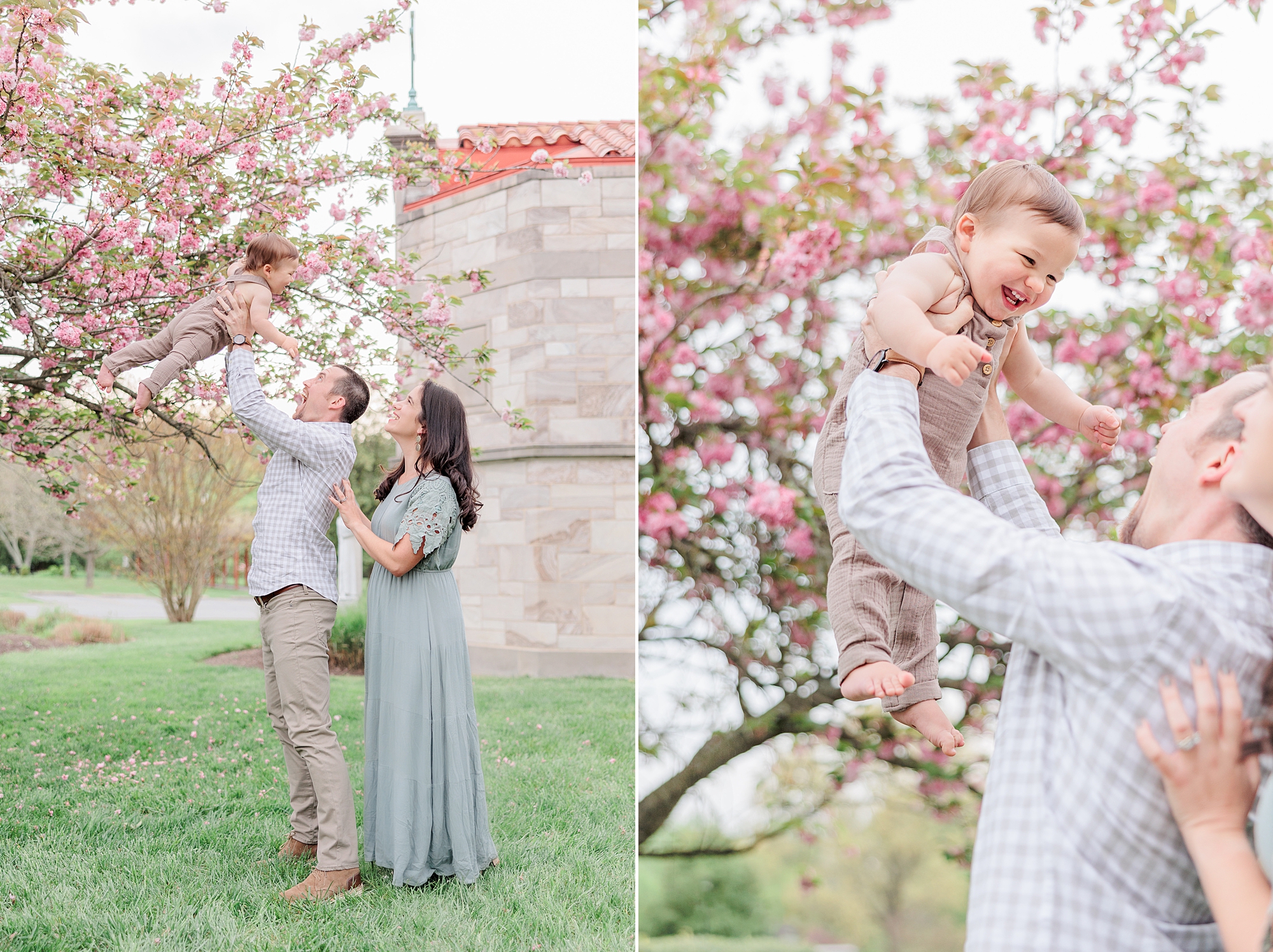 mom and dadd toss son in the air during Maryland Family Session in Ellicott City 