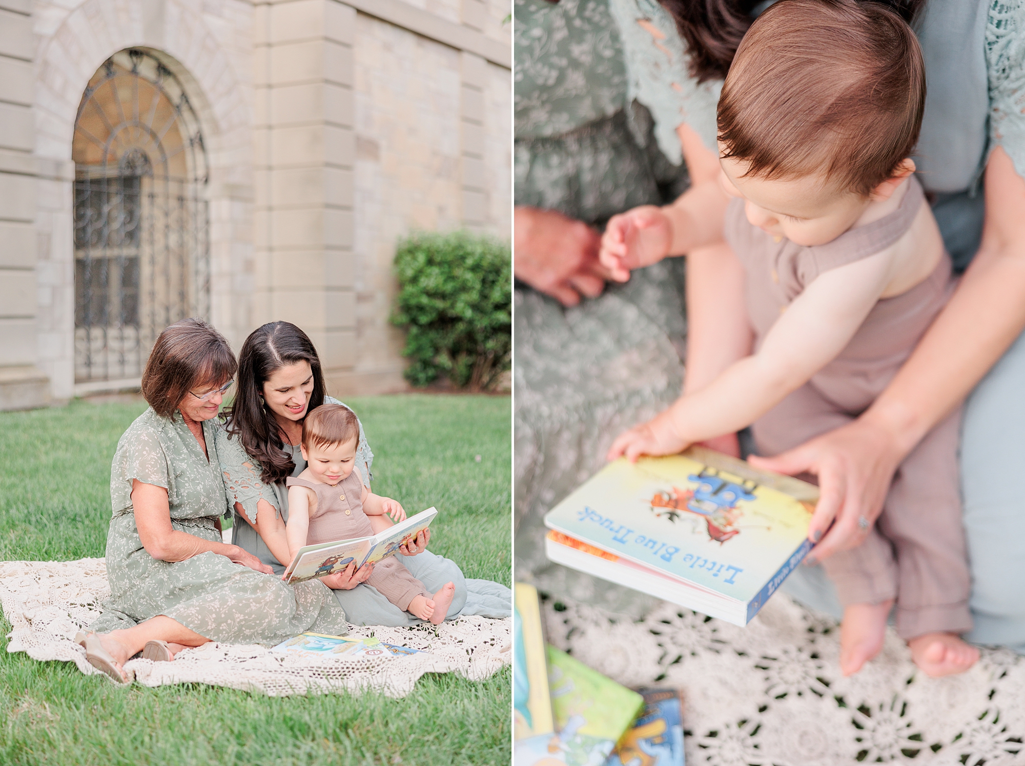 mom and grandmother read book with toddler on lace blanket 