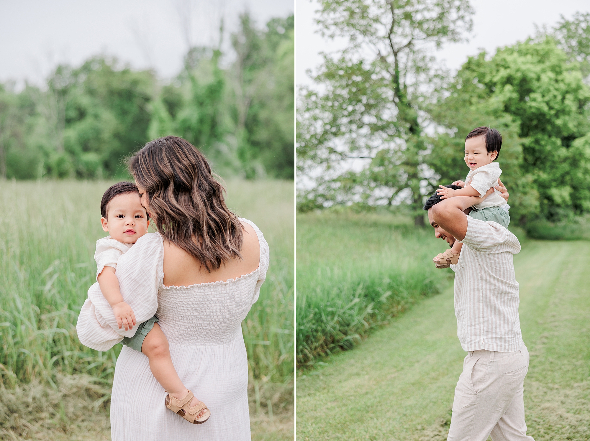 parents snuggle and play with son during family photos at Castlebridge Farm