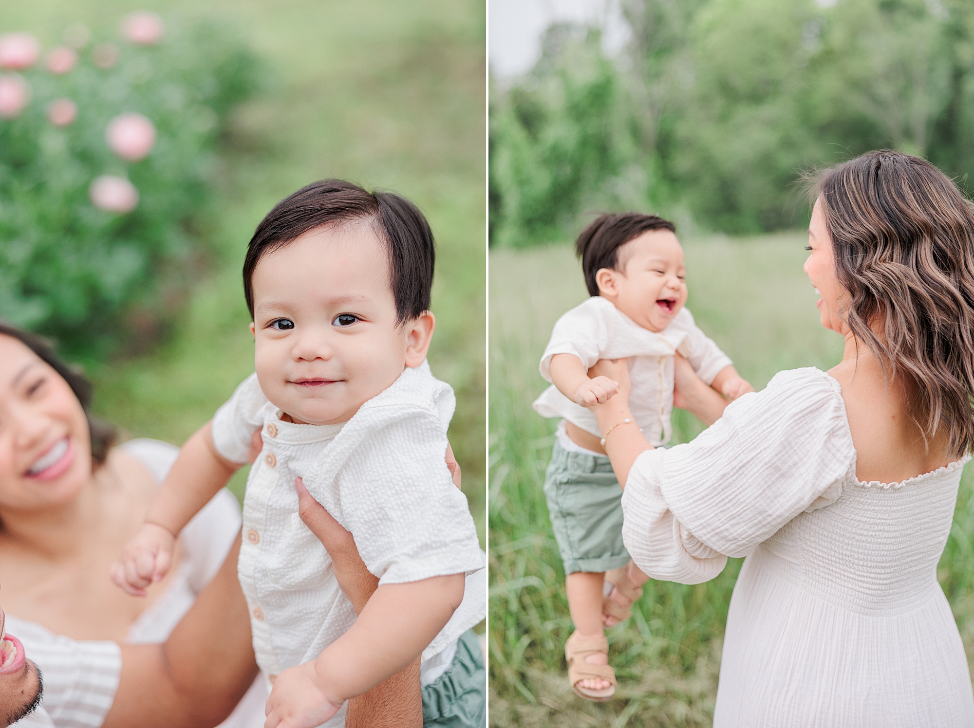 mom holds up toddler making him laugh at Castlebridge Farm