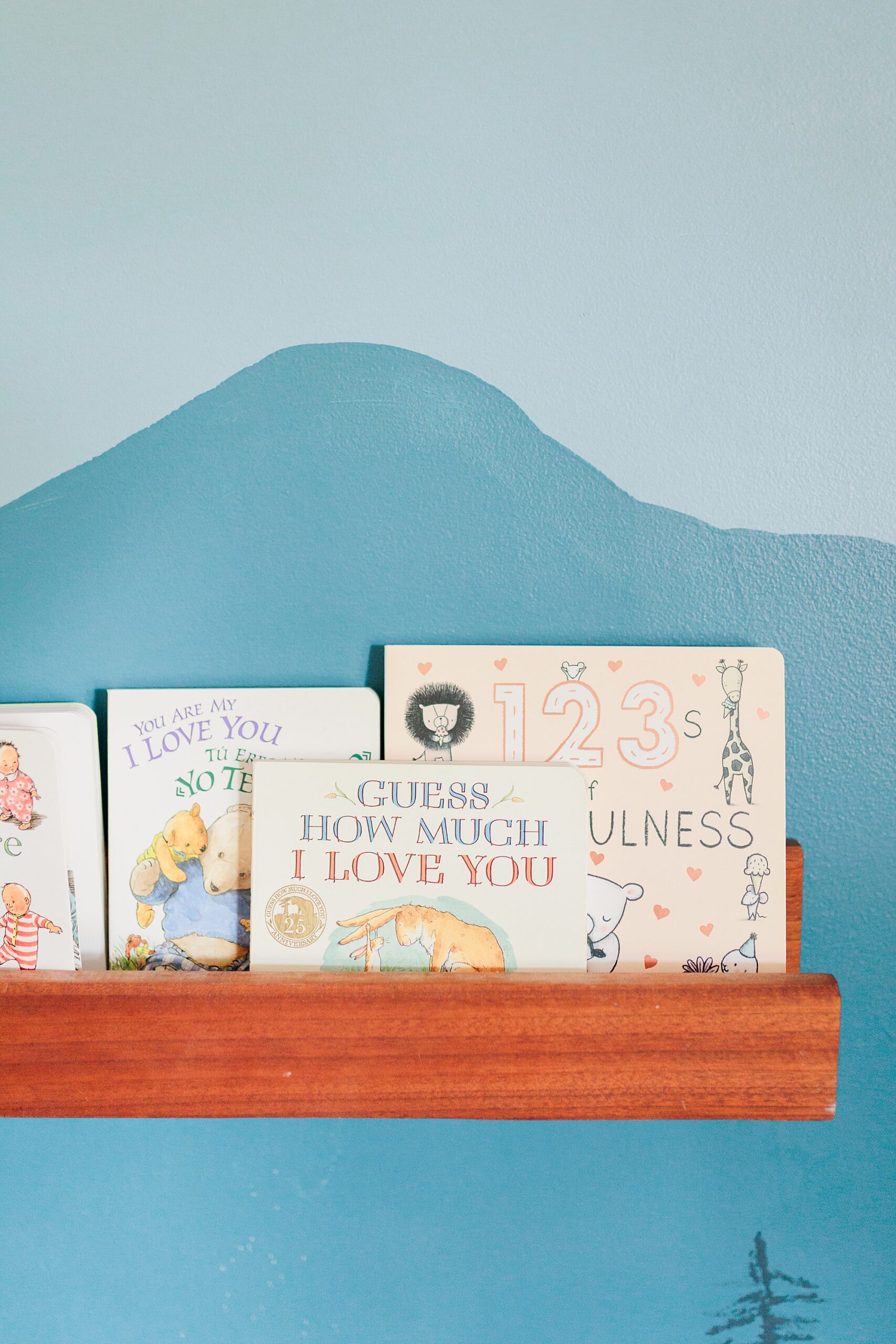 bookshelf with toddler's books on blue painted wall 