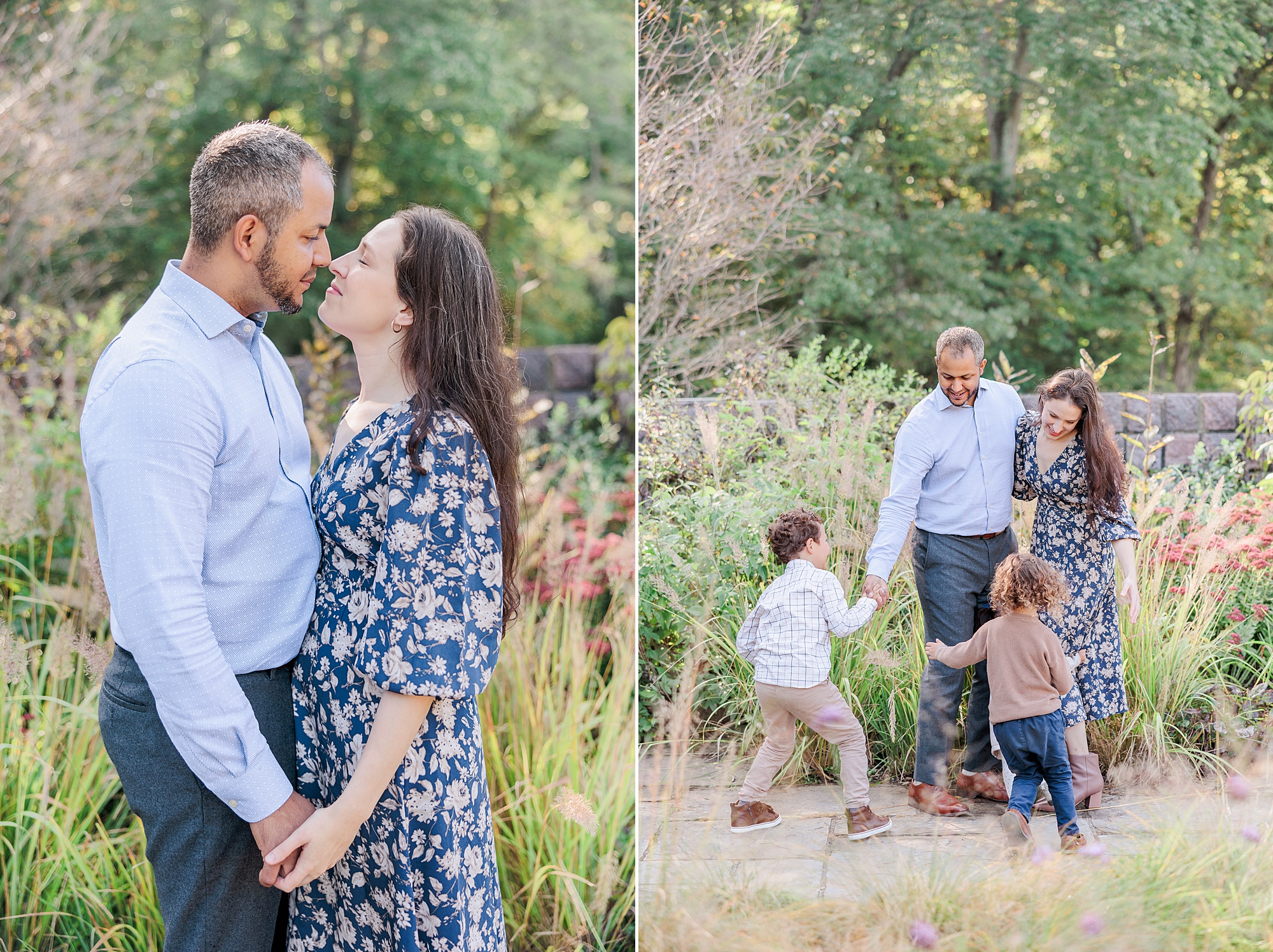 couple hugs while children run around them in Maryland garden 