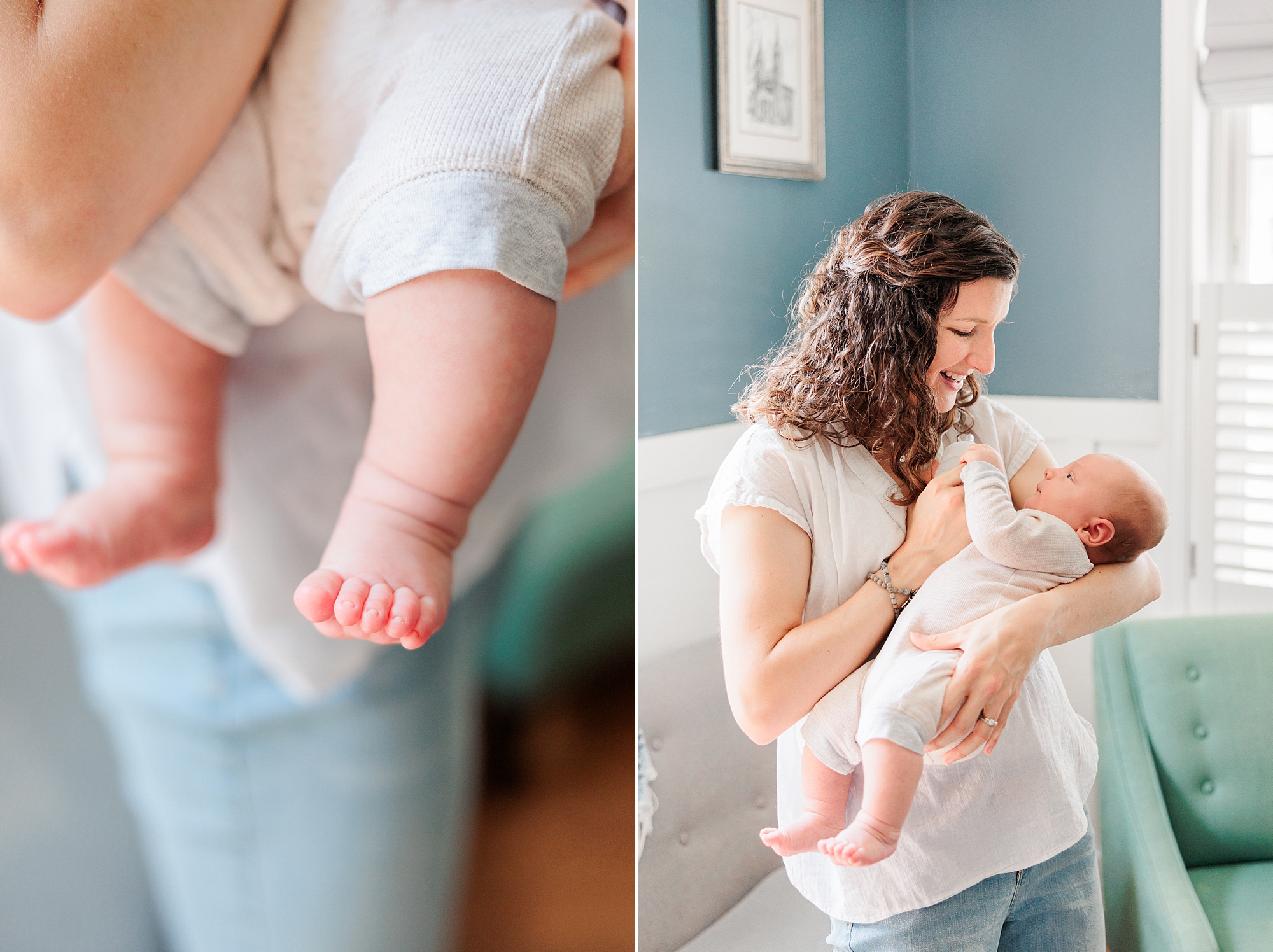 mom holds baby boy to her chest in nursery 