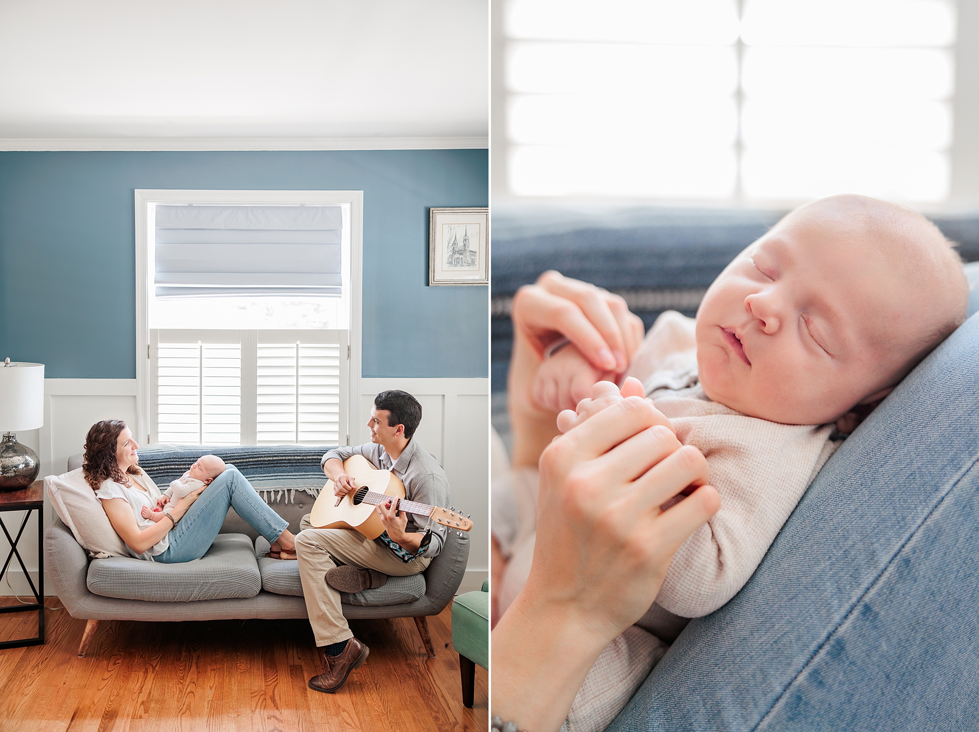 parents sit on couch while dad plays guitar 