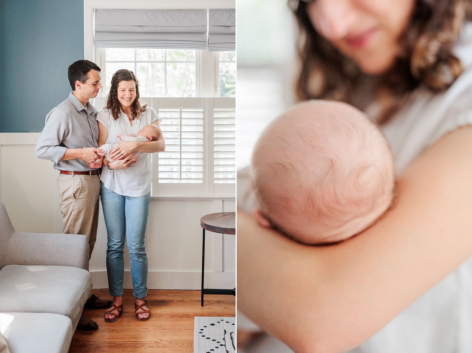 parents hold son in corner of the nursery during family photos at home