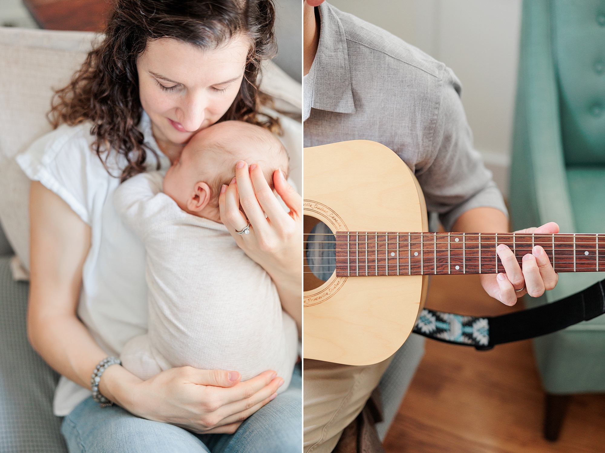 mom holds newborn baby while dad plays guitar 