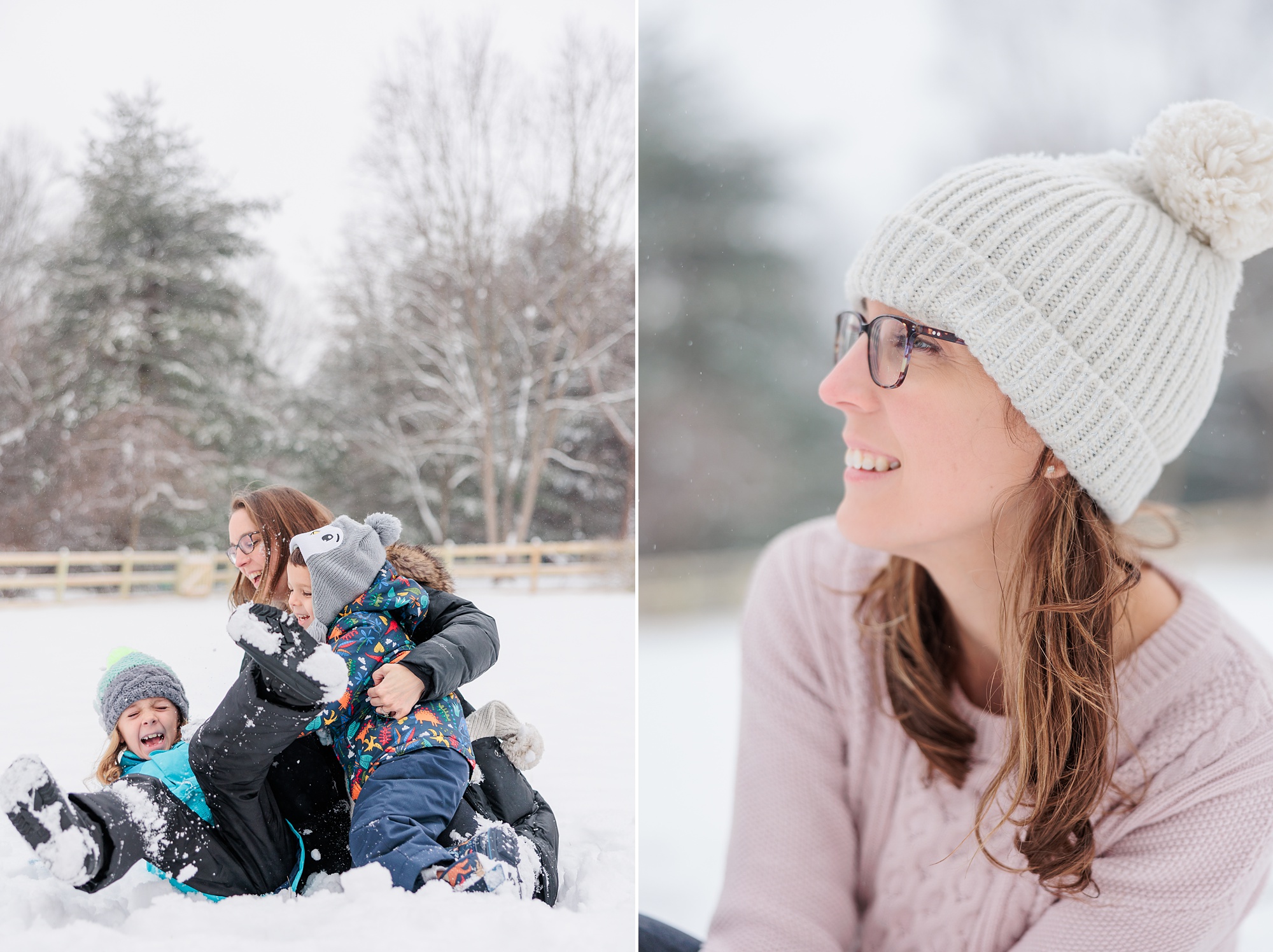 woman in pink sweater and white hat plays with kids in the snow